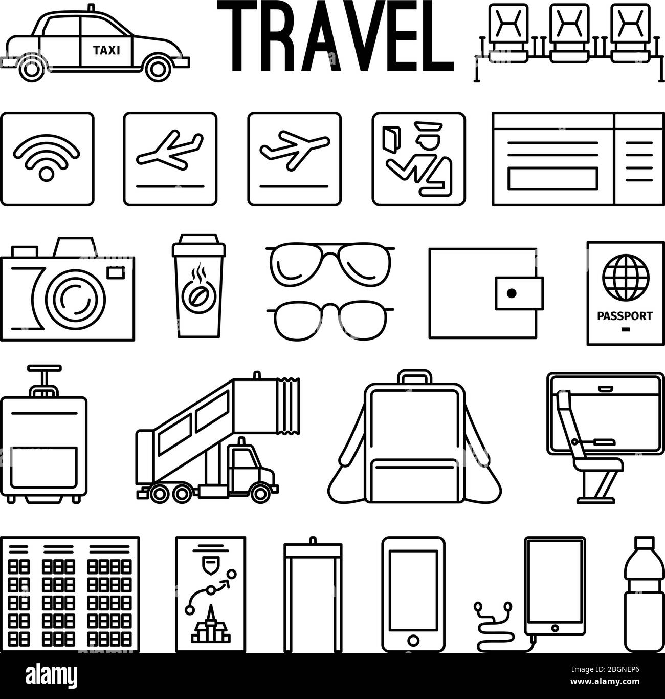 Icone della linea di viaggio. Immagini di linea sottile nera per turisti e viaggi su sfondo bianco. Illustrazione vettoriale Illustrazione Vettoriale