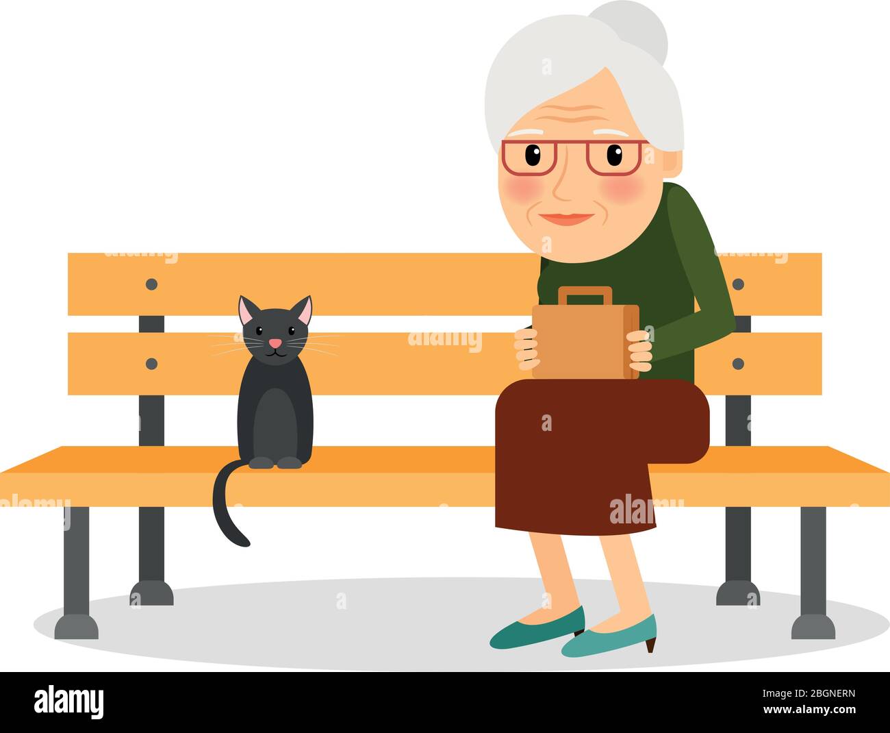 Donna anziana e gatto seduto sul panca del parco. Riposo e tempo di tranquillità all'aperto. Illustrazione vettoriale. Illustrazione Vettoriale