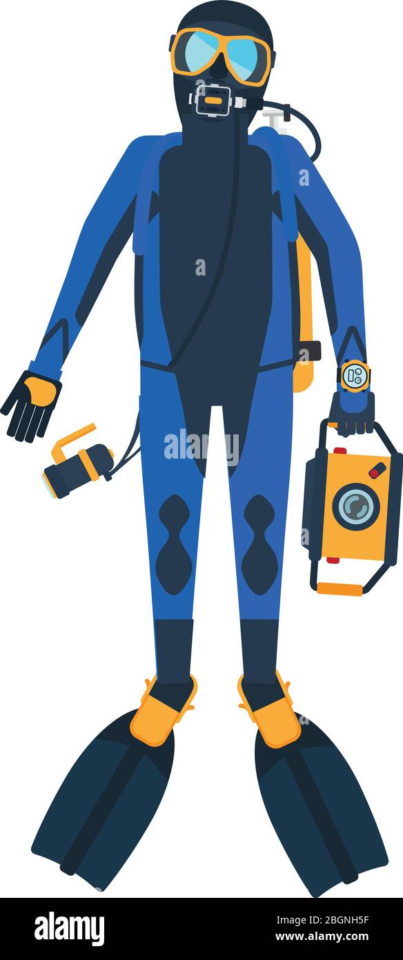 Figura in stile piatto per subacquei. Uomo subacqueo su sfondo bianco. Illustrazione vettoriale Illustrazione Vettoriale