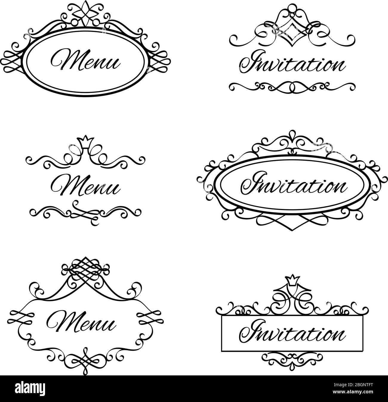 Vignette calligrafiche per menu e fiorisce cornici per l'invito al matrimonio. Illustrazione vettoriale Illustrazione Vettoriale
