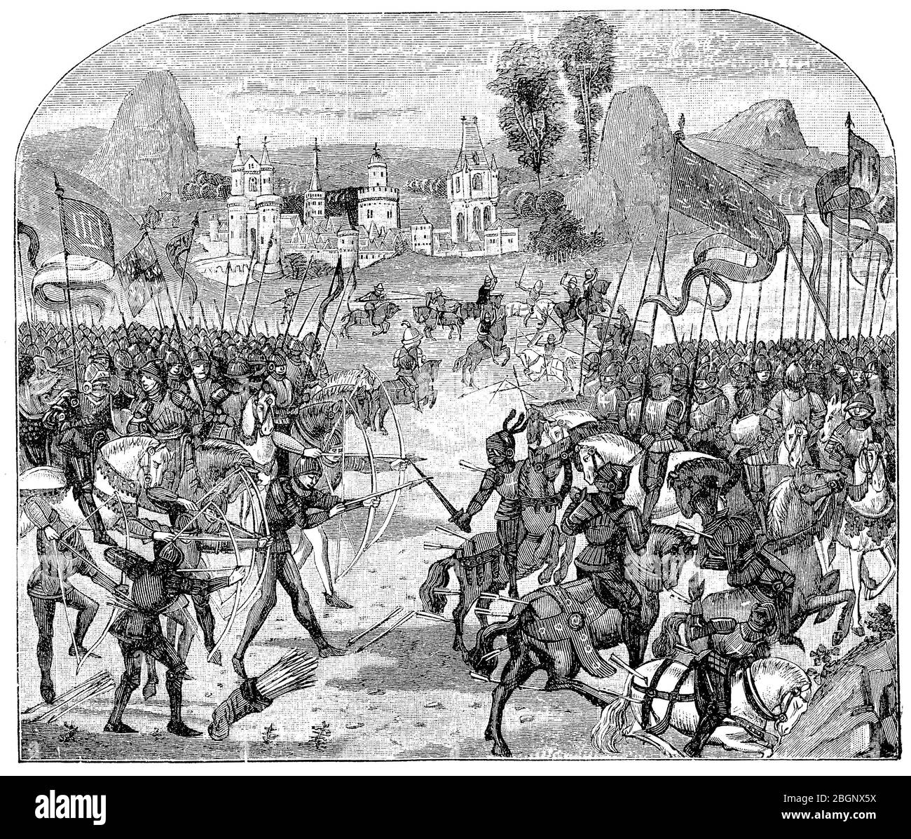 La battaglia di Poitiers il 19 settembre 1356, battaglia di Maupertui, fu un evento della guerra dei cent'anni, durante la quale il re francese Giovanni II fu catturato dall'Inghilterra / Die Schlacht von Poitiers vom 19. Settembre 1356, Schlacht bei Maupertui, war ein Ereignis des Hundertjährigen Krieges, bei dem der französische König Johann II in englische Gefangenschaft geriet, Historisch, storico, digitale migliorata riproduzione di un originale del 19 ° secolo / digitale Reproduktion einer Originalvorlage aus dem 19. Jahrhundert, Foto Stock