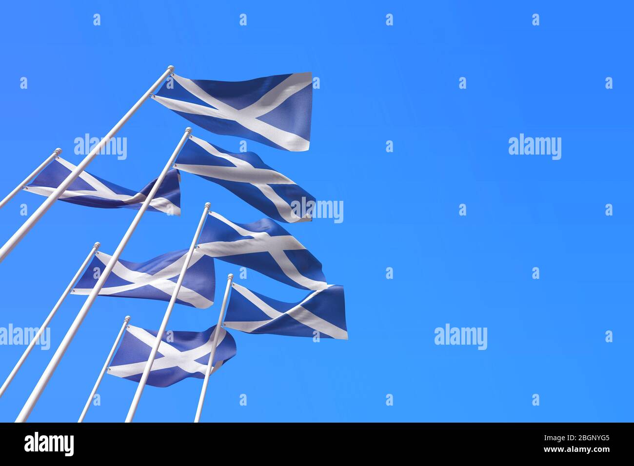 Le bandiere scozzesi che sventolano contro un cielo blu. Rendering 3D Foto Stock