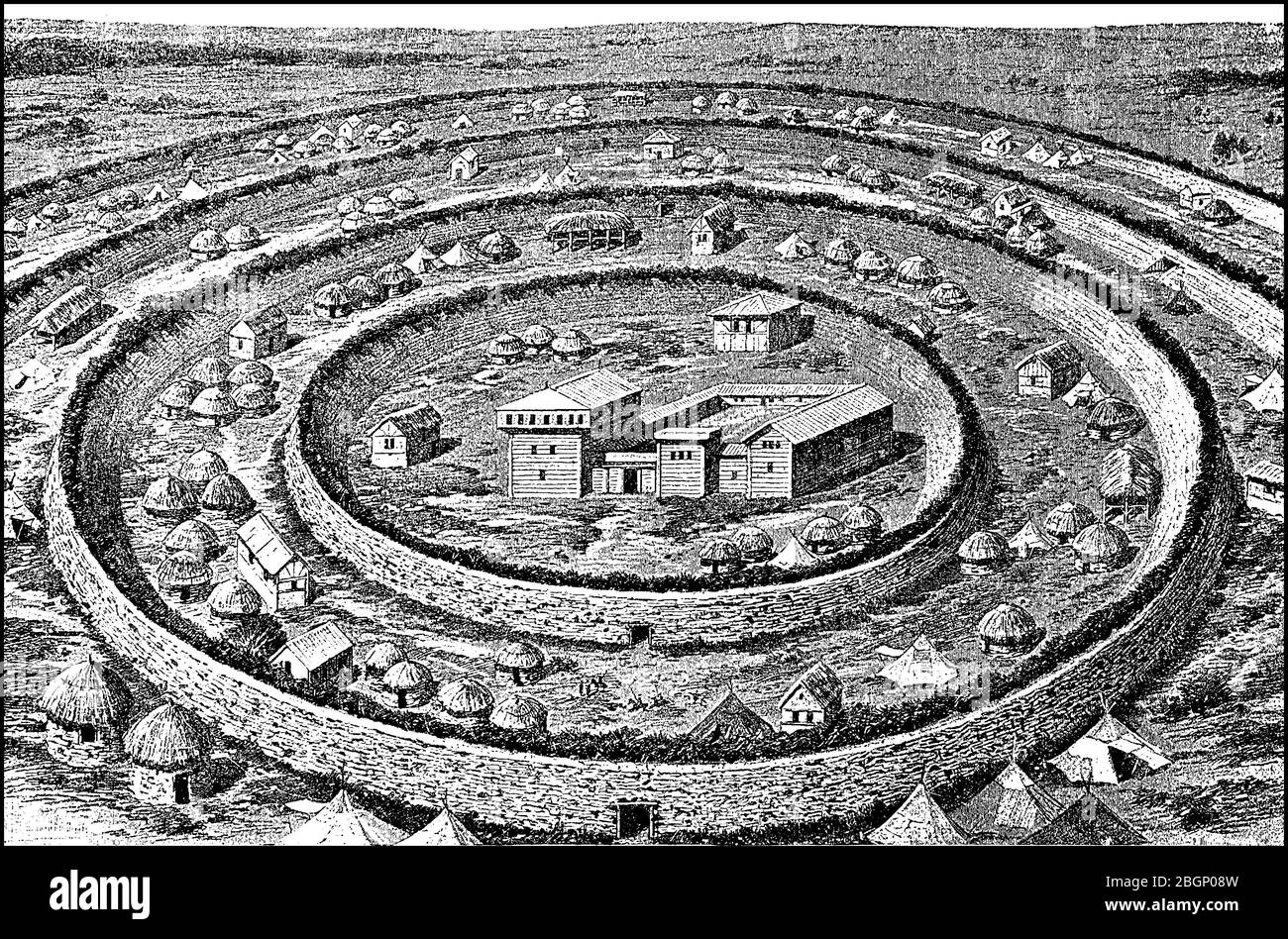 Insediamento ad anello degli Avari, gli Avari, Avari, erano governanti di un regno steppo nel Medioevo con l'attenzione principale sulla pianura Pannonica. Il loro dominio comprendeva i paesi di oggi Ungheria, Austria, Repubblica Ceca, Slovacchia, Slovenia e parti di Polonia, Romania, Croazia, Serbia, Bosnia-Erzegovina e Bulgaria, circa 800 / Ringsiedlung der Avaren, Die Awaren, Avaren, waren im Frühmittelalter Herrscher über ein Steppenreich mit dem Schwerpunkt in der Pannonischen Tiefebene. Ihr Herrschaftsgebiet umfasste die heutigen Länder Ungarn, Österreich, Tschechien, Slowakei, S. Foto Stock