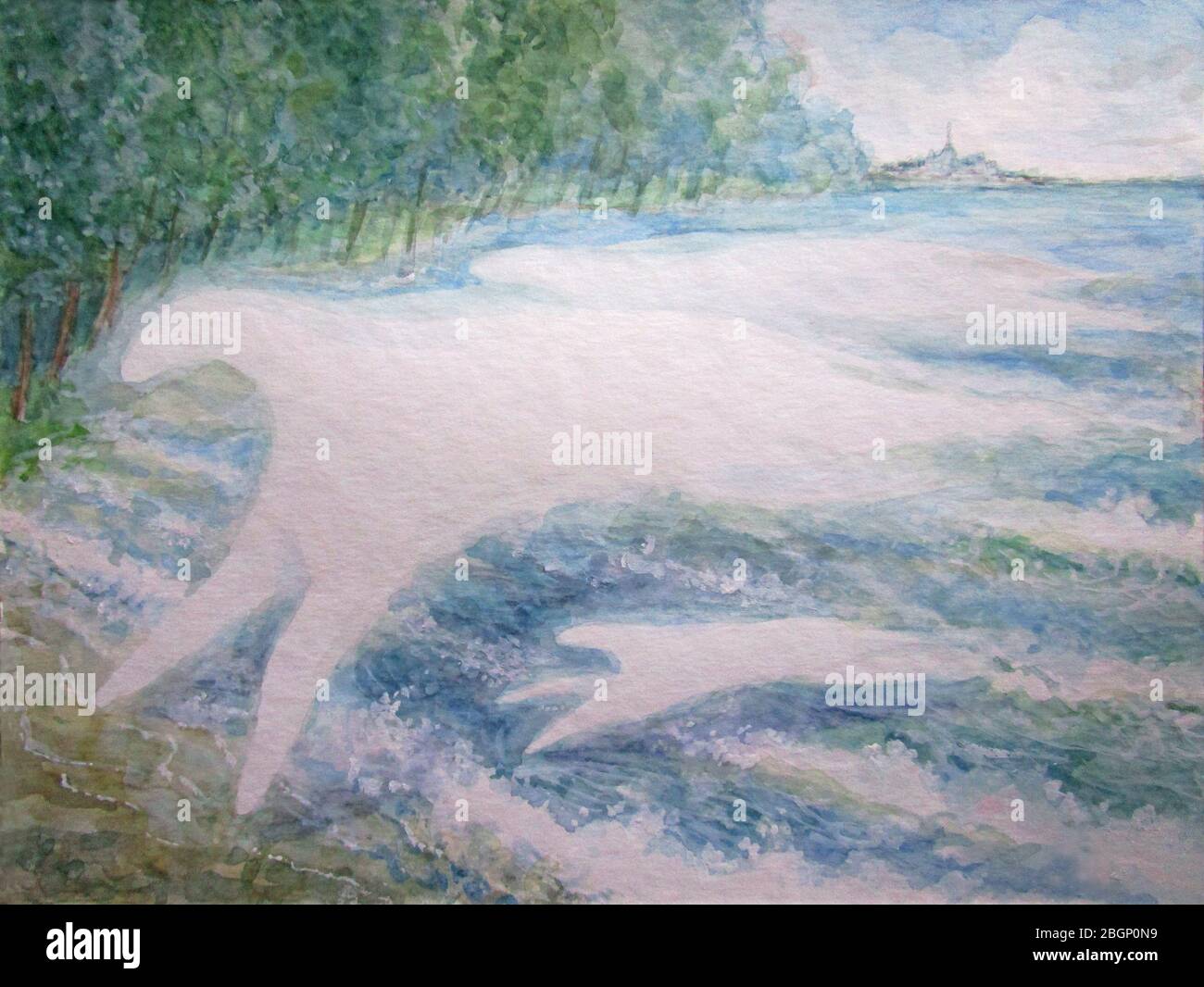fantasmi che emergono dalle onde del mare, illustrazione acquerello Foto Stock