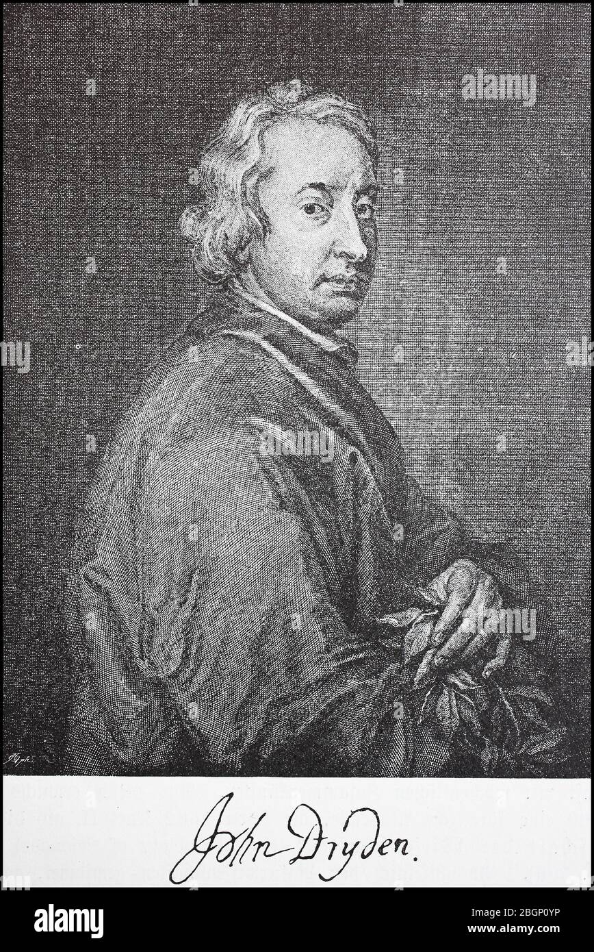 John Dryden, 19 agosto 1631 - 12 maggio 1700, è stato un poeta inglese influente, critico letterario e drammaturgo / John Dryden, 19. Agosto 1631 - 12. Mai 1700, guerra ein einflussreicher englischer Dichter, Literaturkritiker und Dramatiker, Historiisch, riproduzione storica, digitale migliorata di un originale del 19 ° secolo / digitale Reproduktion einer Originalvorlage aus dem 19. Jahrhundert, Foto Stock