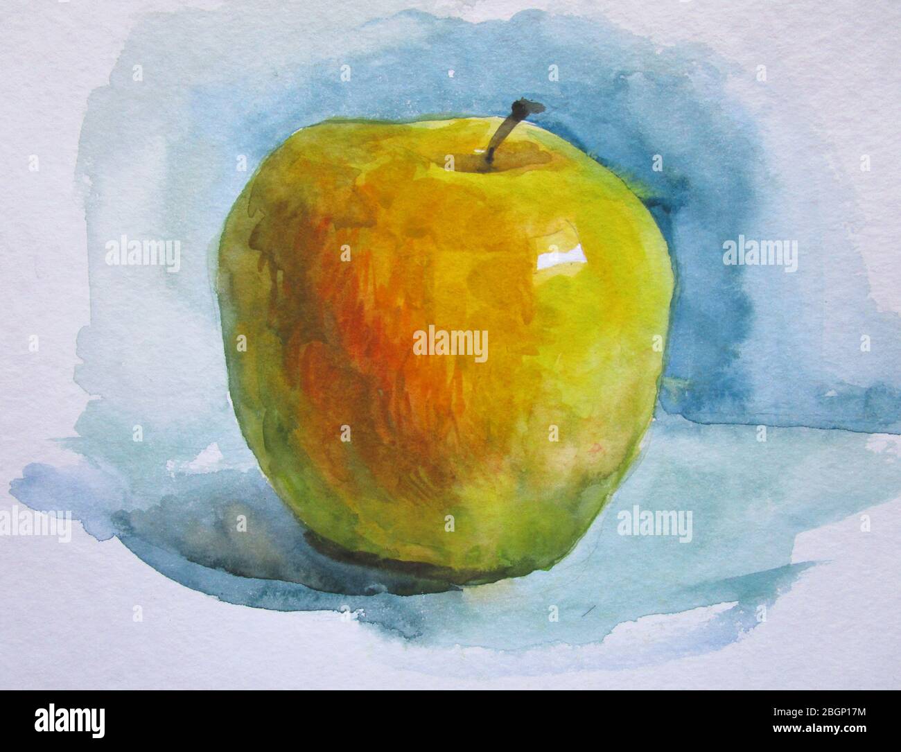 Una mela gialla su sfondo blu, illustrazione acquerello Foto Stock
