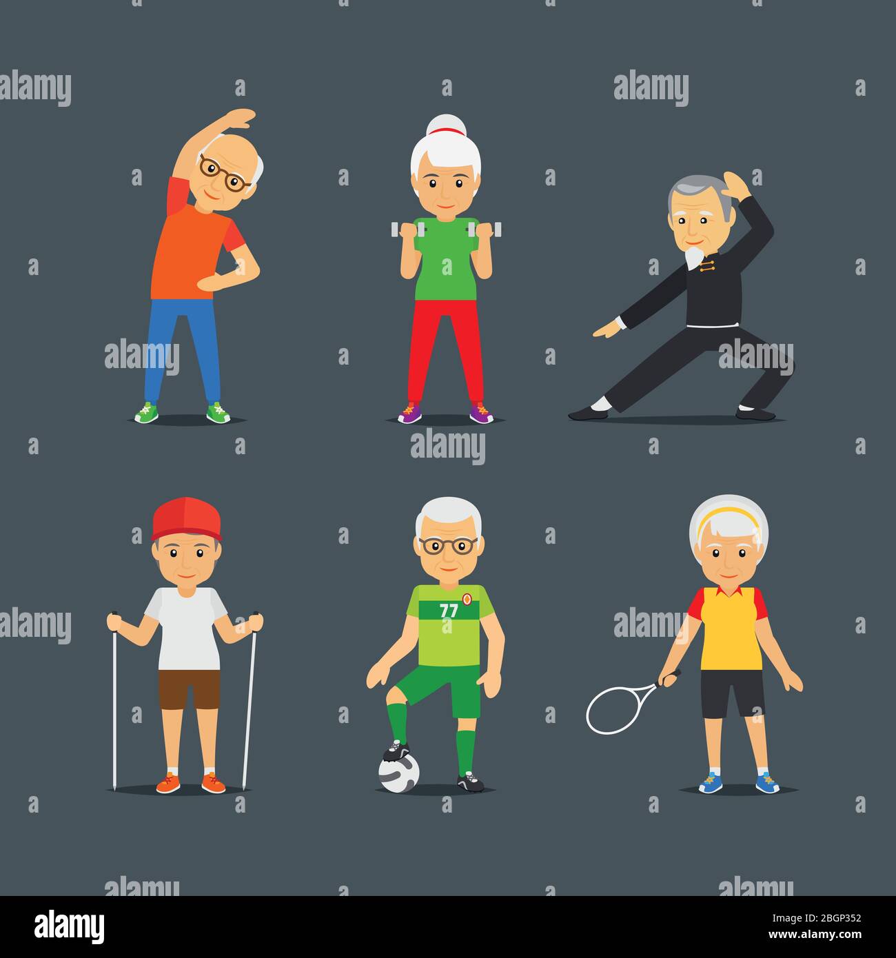 Attività sportive per anziani. Adulti persone sport icone stile di vita. Illustrazione vettoriale Illustrazione Vettoriale
