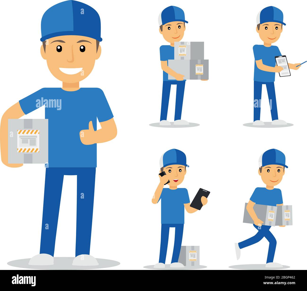 Uomo che consegna in scatole blu e documenti in diverse pose. Illustrazione vettoriale Illustrazione Vettoriale