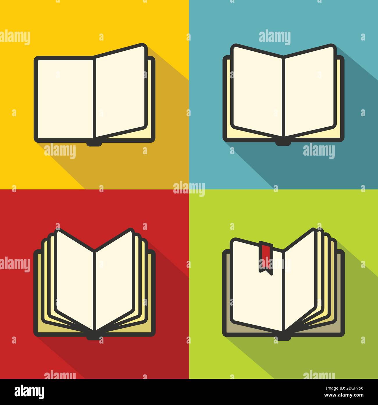 Icone per libri con ombre lunghe in stile linea piatta colorata Illustrazione Vettoriale