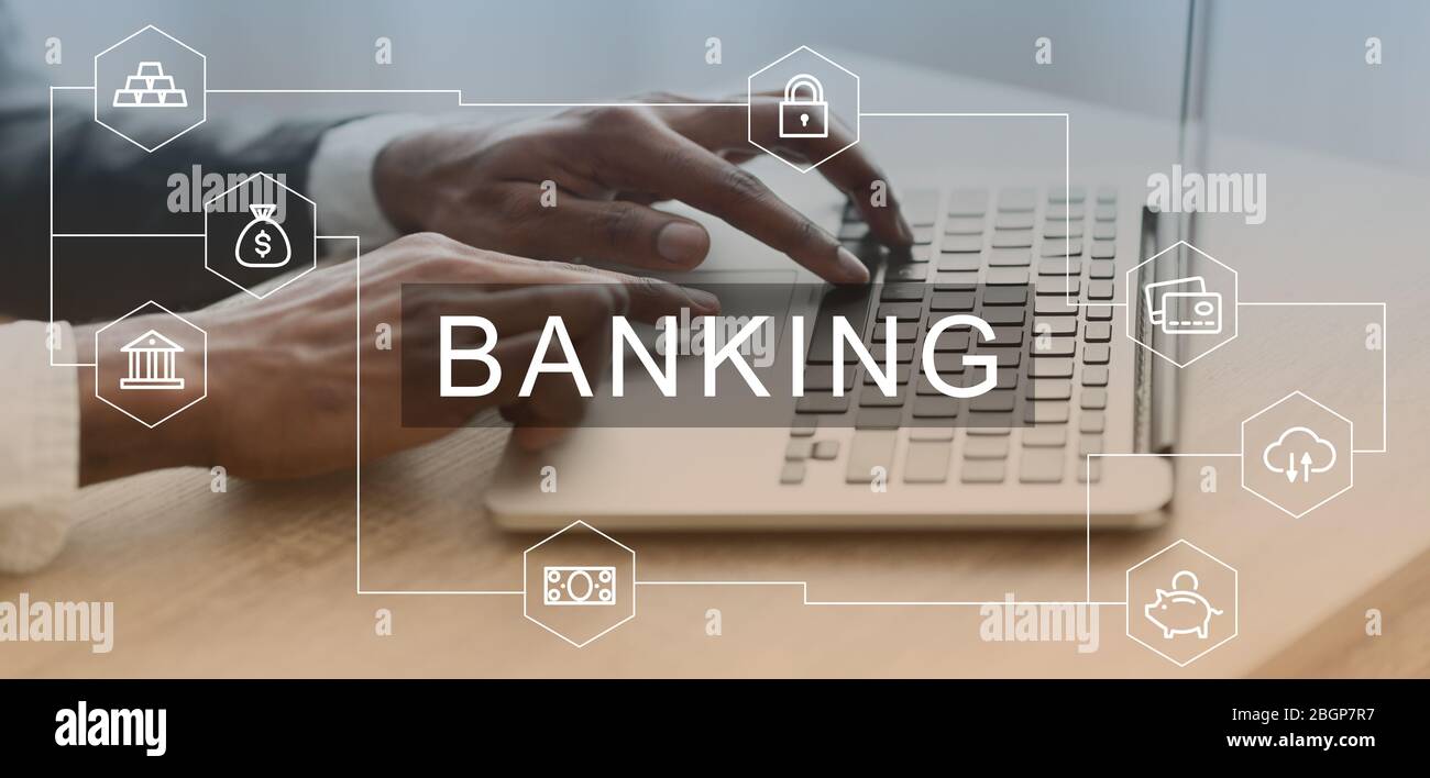 Icone relative al word BANKING e alla finanza sullo sfondo di un uomo d'affari che digita su laptop, collage Foto Stock