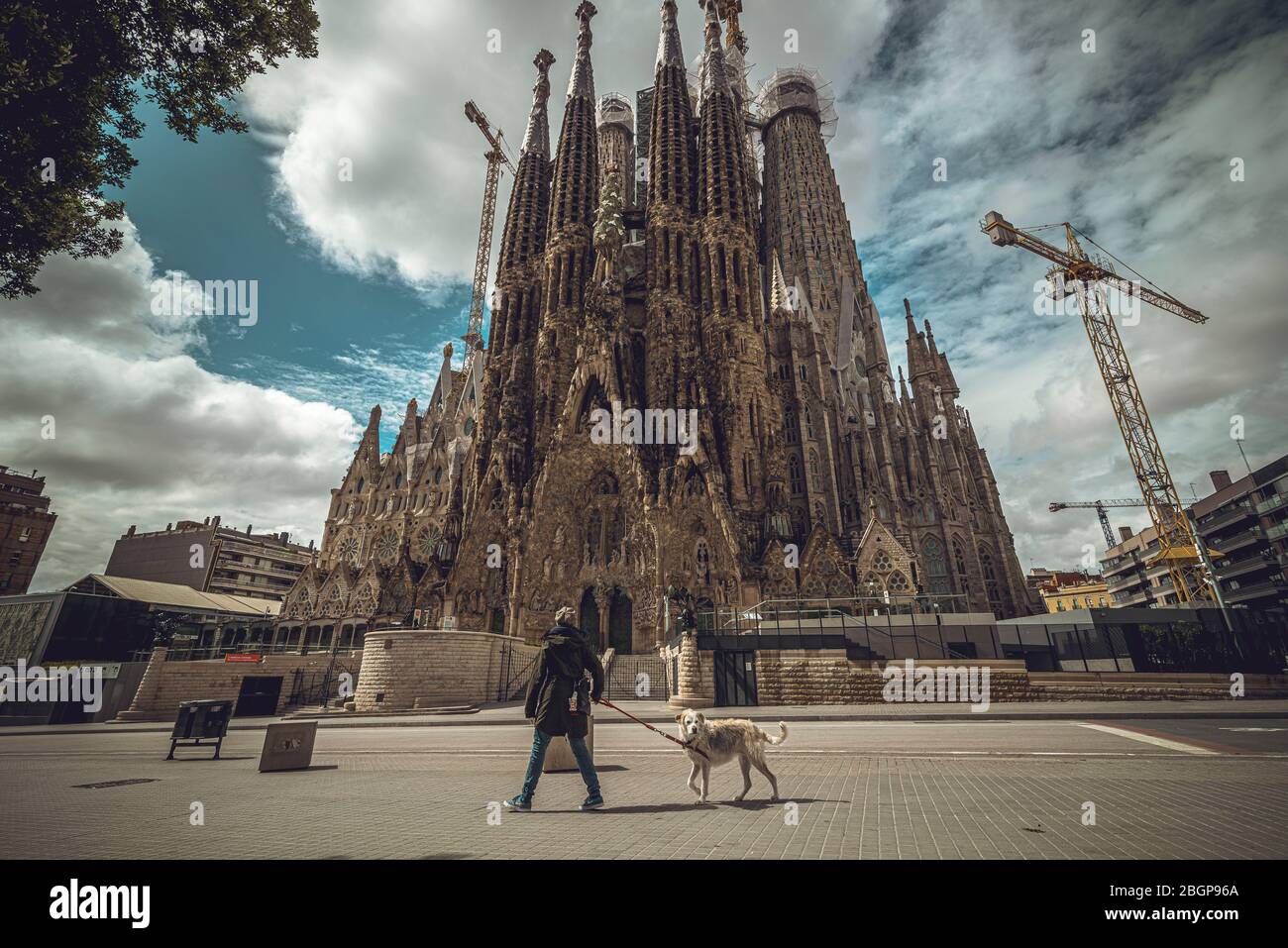 Barcellona, Spagna. 22 aprile 2020. Un pendolari cammina il suo cane passando davanti ad una Basilica deserta della Sagrada Familia al giorno 38 di un blocco nazionale dovuto la diffusione continua del virus. La Spagna ha registrato più di 400 nuovi decessi per un totale di oltre 21500 decessi finora. Credit: Matthias Oesterle/Alamy Live News Foto Stock