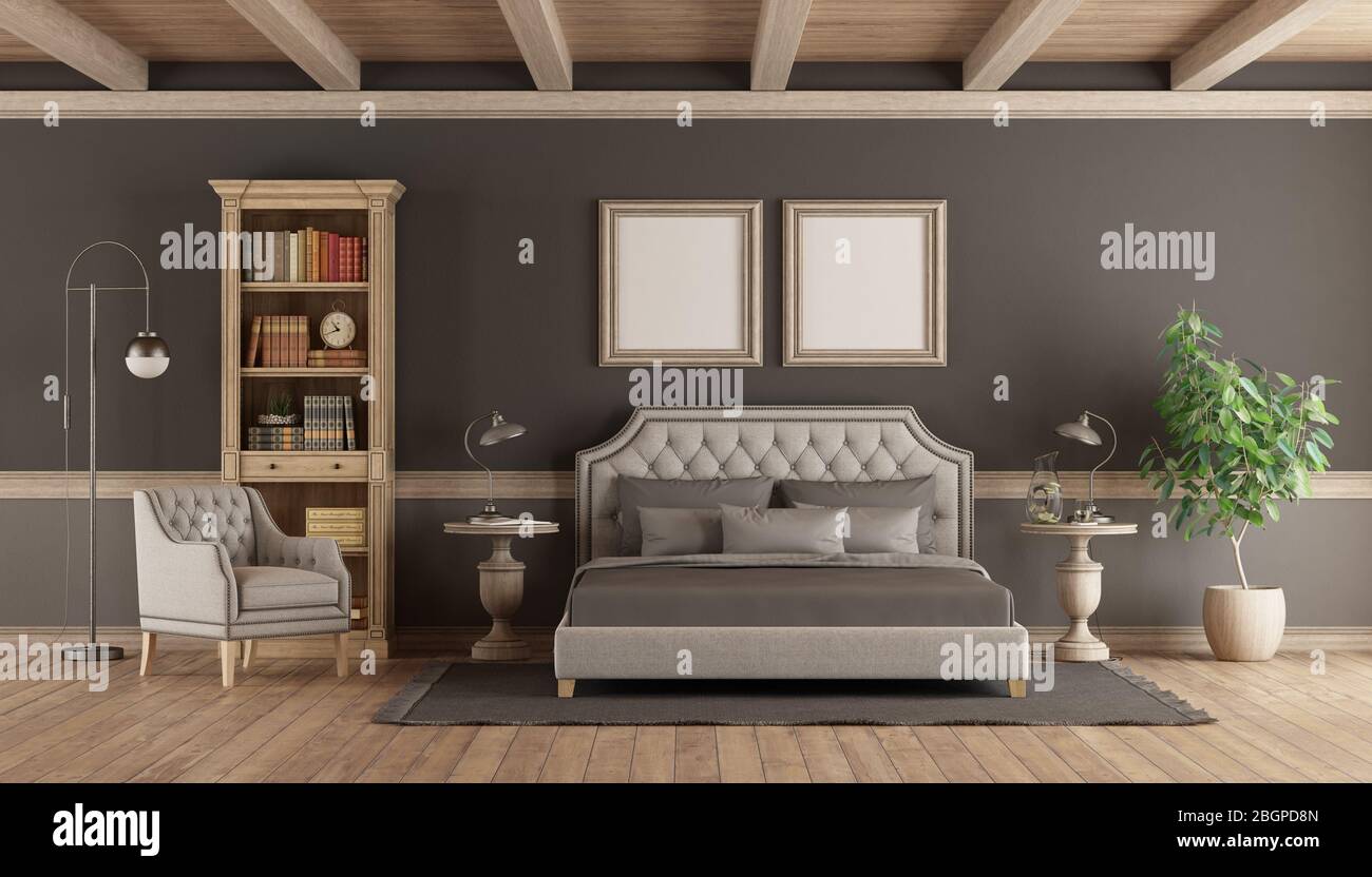 Camera da letto in stile classico con elegante letto matrimoniale, libreria e aemchaie - rendering 3d Foto Stock
