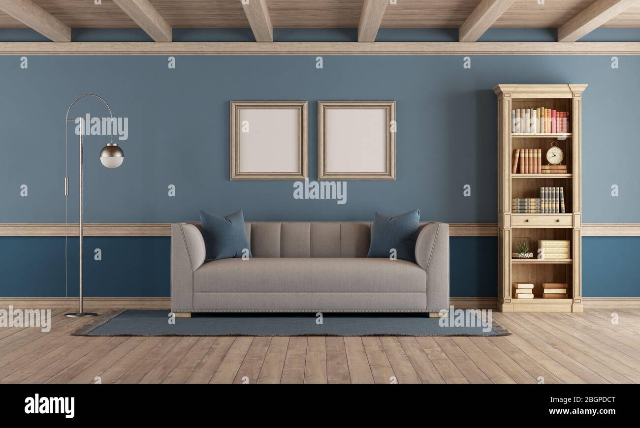 Soggiorno in stile classico con elegante divano, libreria e parete blu - rendering 3d Foto Stock