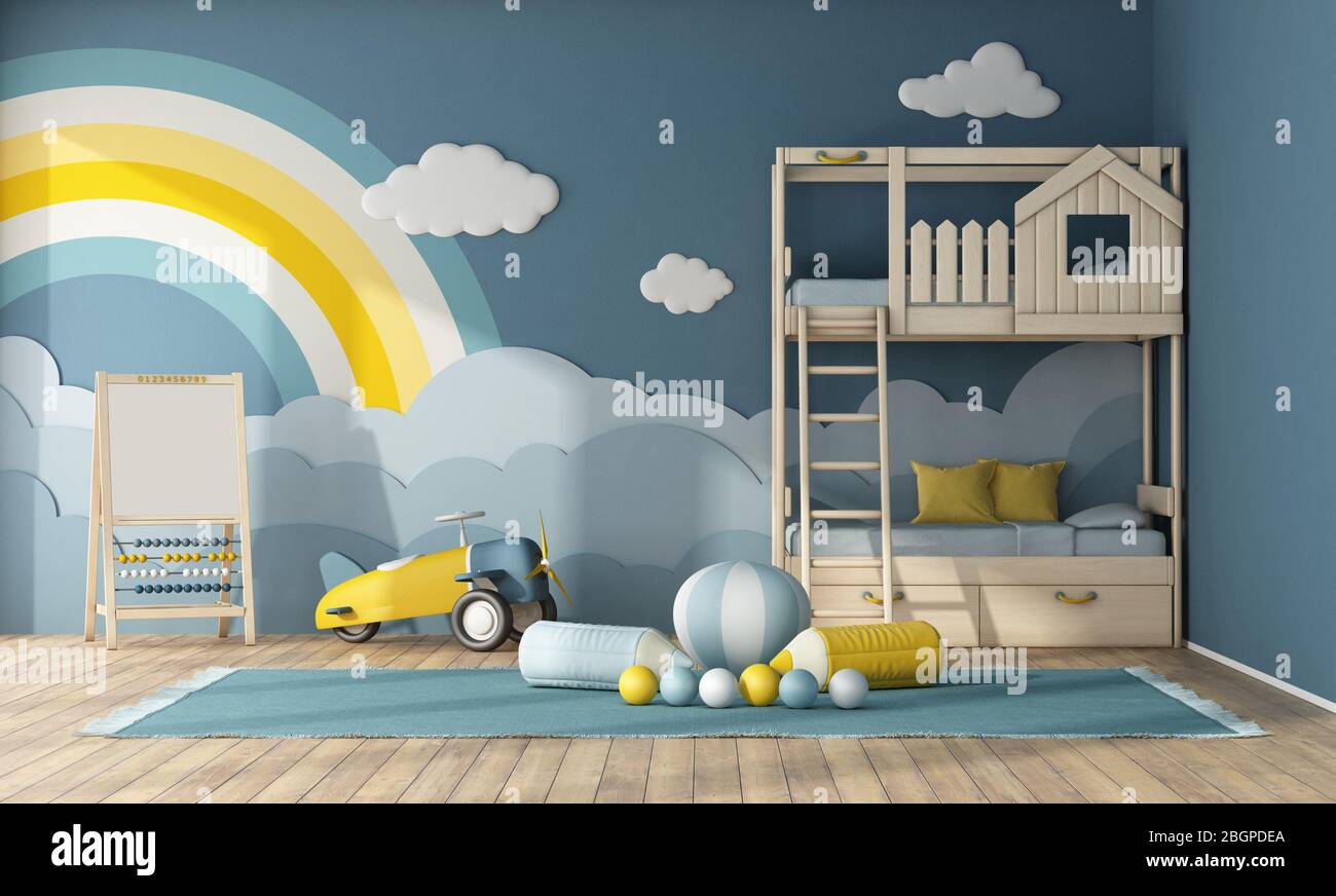 Interno della camera per bambini con letto a castello, oggetti di arredamento su parete blu e giocattoli - rendering 3d Foto Stock