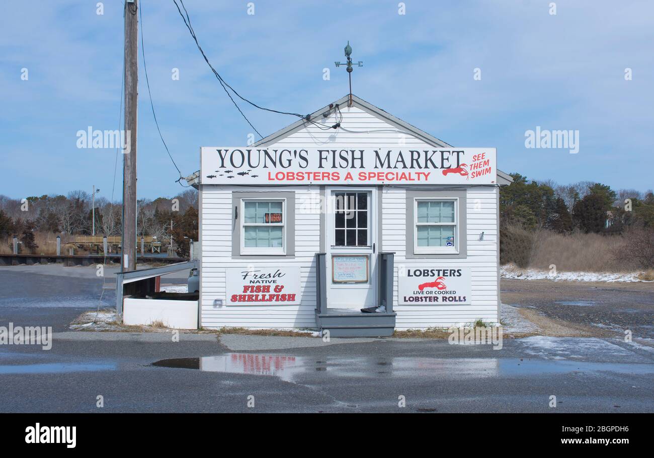 Mercato del pesce di Young - durante lo shotdown di Covid 19 - Rock Harbor, Orleans, Massachusetts (Cape Cod) Foto Stock