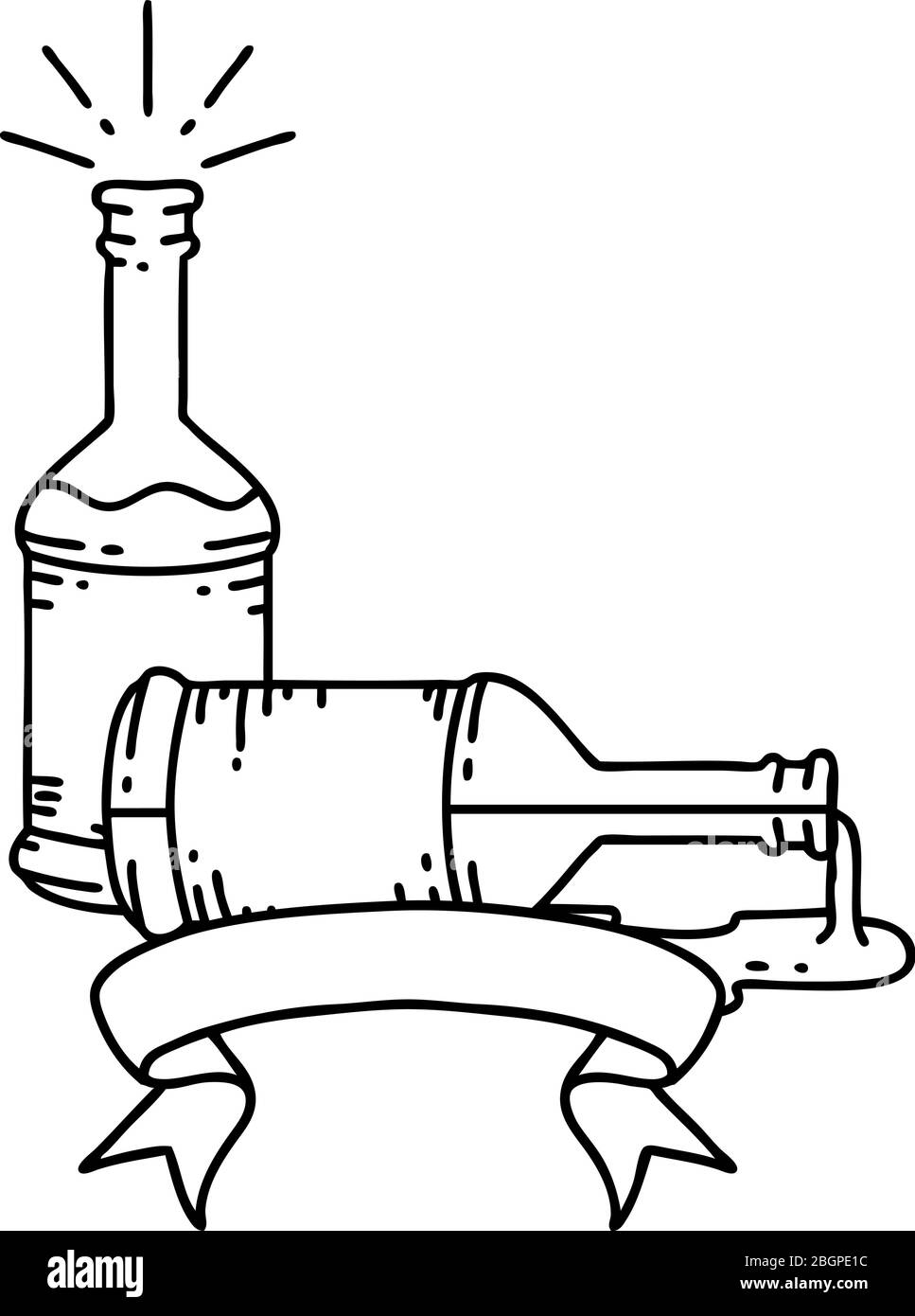 banner a scorrimento con bottiglie di birra in stile tatuaggio nero Illustrazione Vettoriale