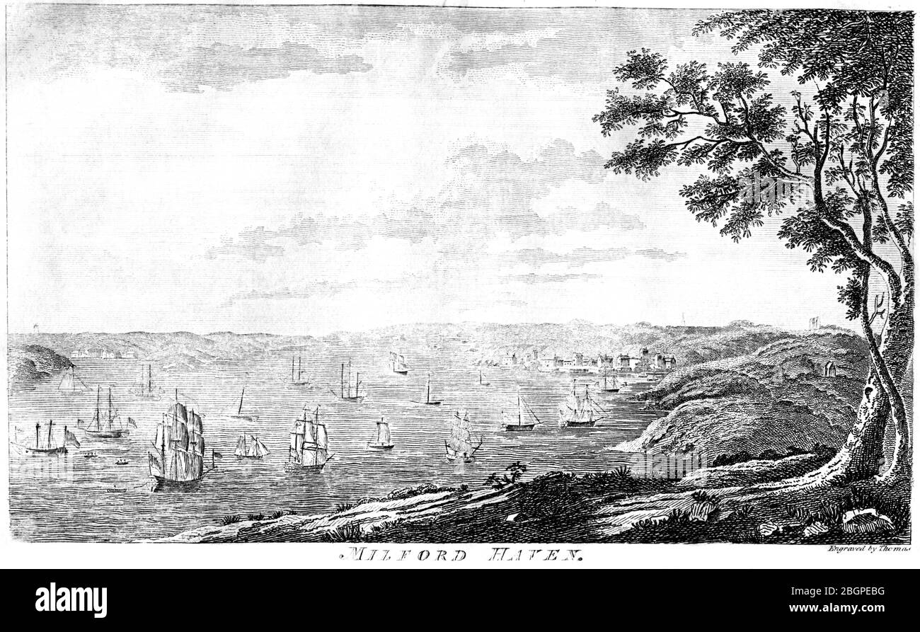 Un'incisione di Milford Haven scansionata ad alta risoluzione da un libro stampato nel 1827. Questa immagine è ritenuta priva di tutte le restrizioni sul copyright. Foto Stock