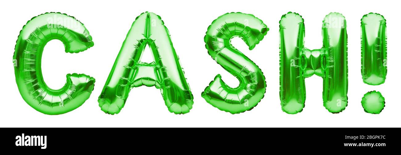 Verde denaro CONTANTE fatto di palloncini gonfiabili isolato su bianco. Lettere in alluminio con palloncino. Contabilità, banche, denaro, stipendio, budget ed economia. Foto Stock