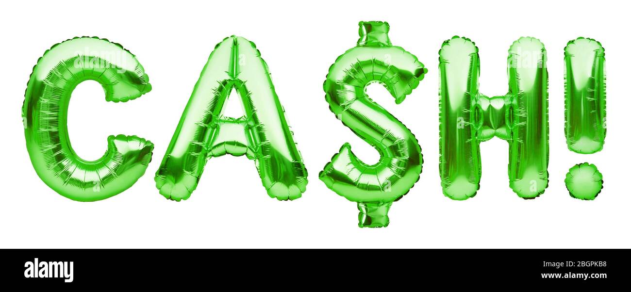 Verde denaro CONTANTE fatto di palloncini gonfiabili isolato su bianco. Lettere in alluminio con palloncino. Contabilità, banche, denaro, stipendio, budget ed economia. Foto Stock