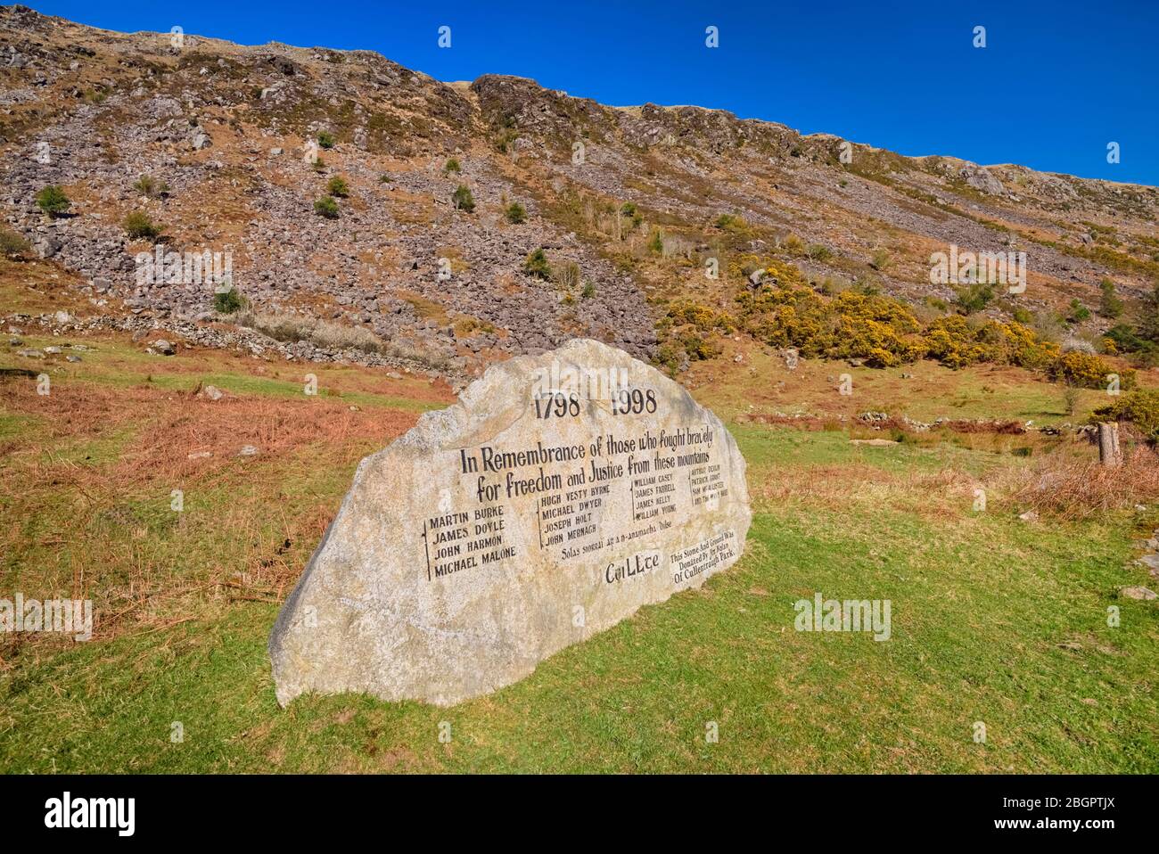 Irlanda, Contea di Wicklow, Glenmalure Valley, 1798 United Irishmen Rebellion Memorial commemorando il 200 ° anniversario della manifestazione. Foto Stock