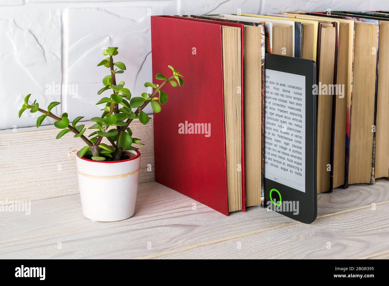 E-reader su un ripiano con libri di carta e piccola pianta in vaso. Spazio per la copia sul display dell'e-book. E-reading per piacere e istruzione. Vista frontale. Foto Stock