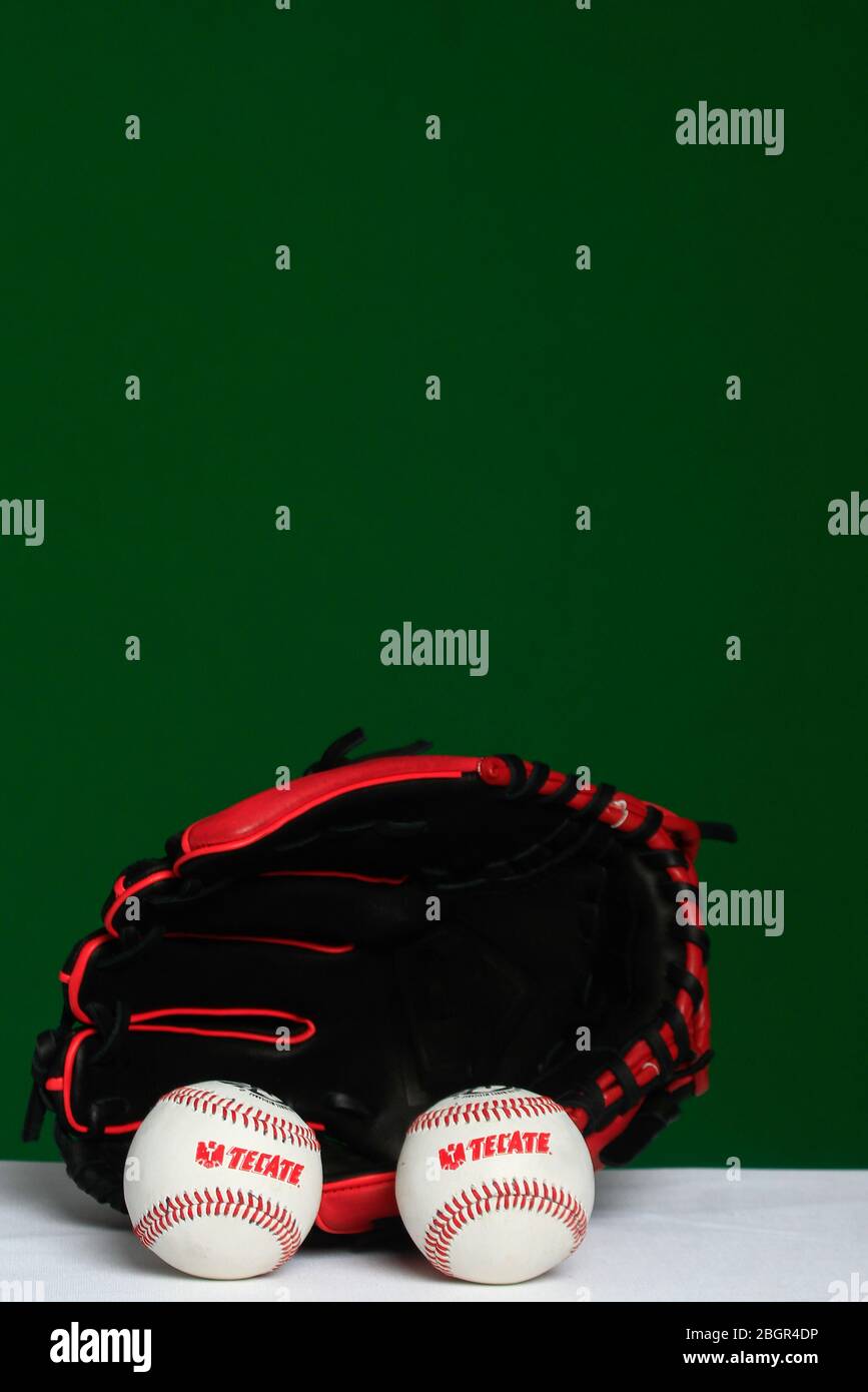 Logo Tecate, guanto, palla, pipistrello, accessori baseball, equipaggiamento da baseball, Logotipo Tecate, Guante, pelota, bat,accessori del Besbol, equipaggiamento de B. Foto Stock