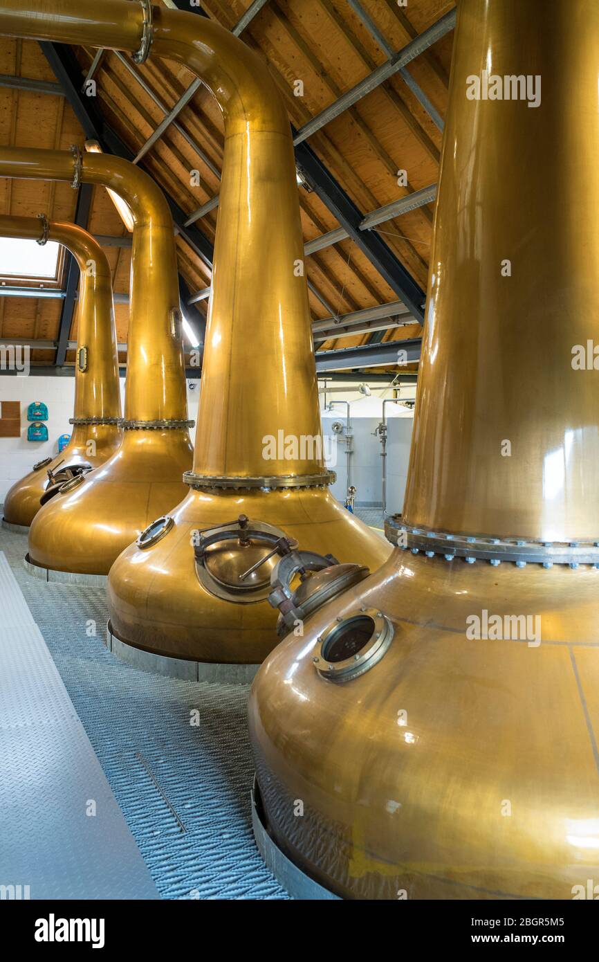 Acquavite di whisky in pentola di rame ancora presso la distilleria di whisky Arran, una delle più famose distillerie scozzesi, a Lochranza, Isola di Arran, Scozia Foto Stock