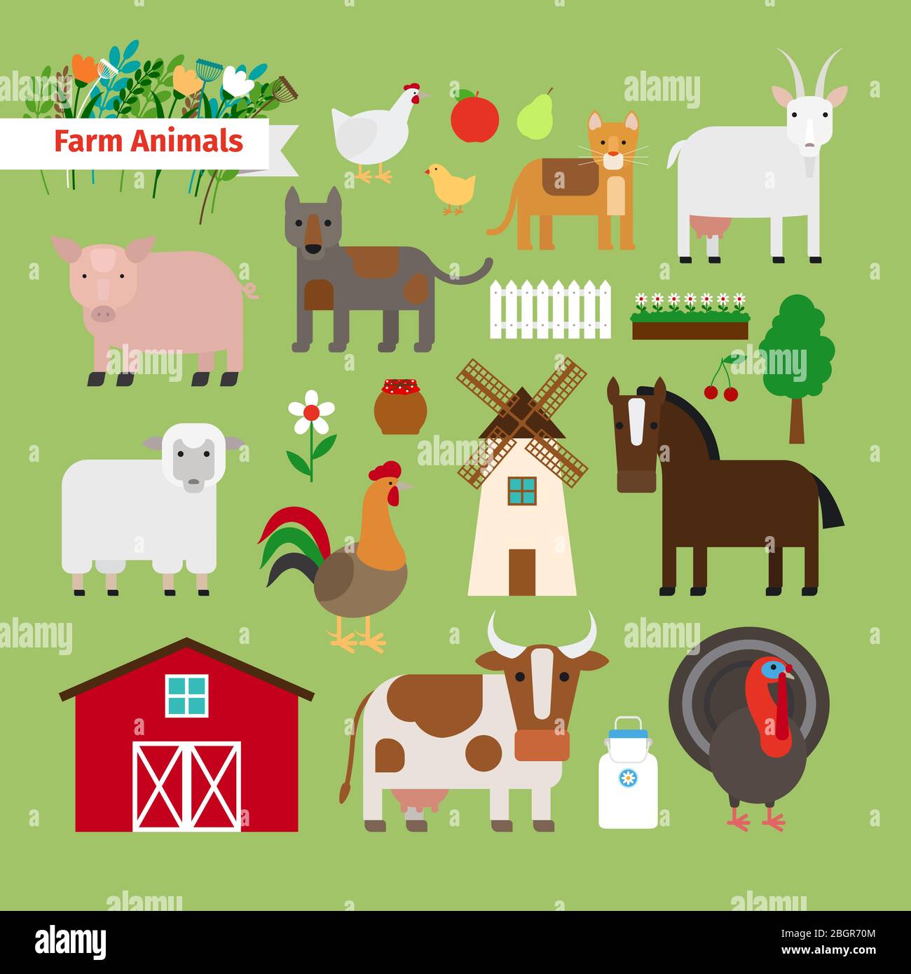 Animali da fattoria ed elementi da fattoria in stile piatto su sfondo verde Illustrazione Vettoriale