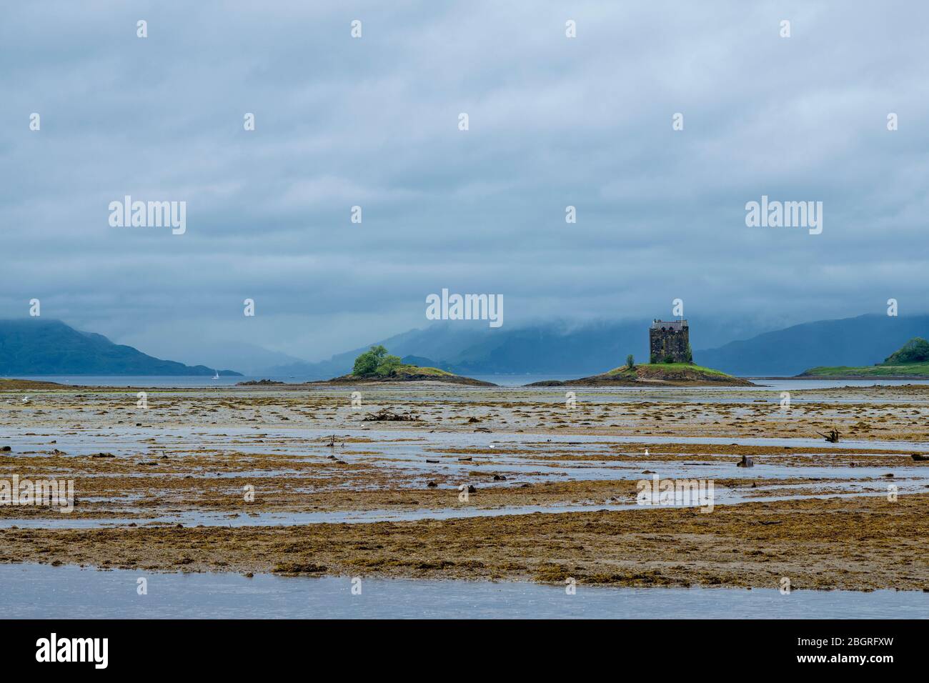 La casa torre del castello di Stalker del XV secolo e le case mudflats di Loch Laich ad Appin, Argyll, Scozia. Oltre è Loch Linnhe, Foto Stock