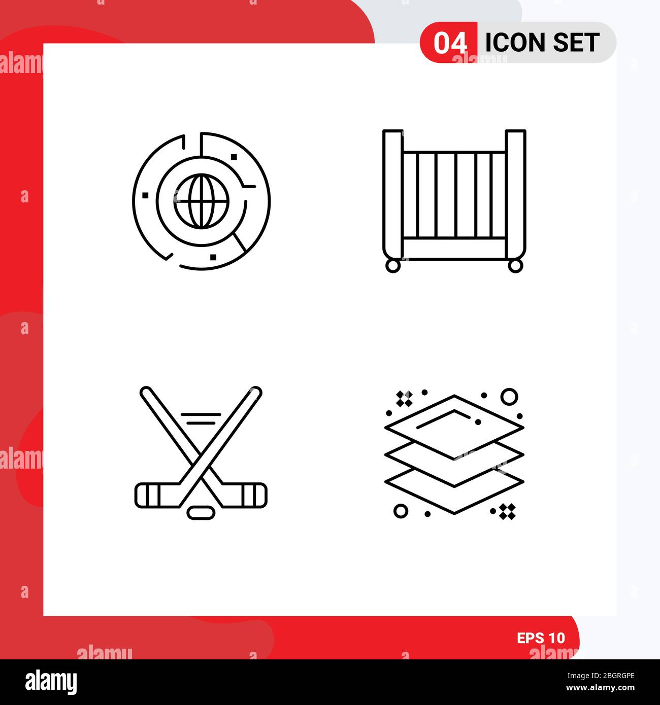 Pacchetto icone vettoriali di 4 simboli e insegne per elementi di design vettoriali grandi, con hokey, dati, letto, sport Illustrazione Vettoriale