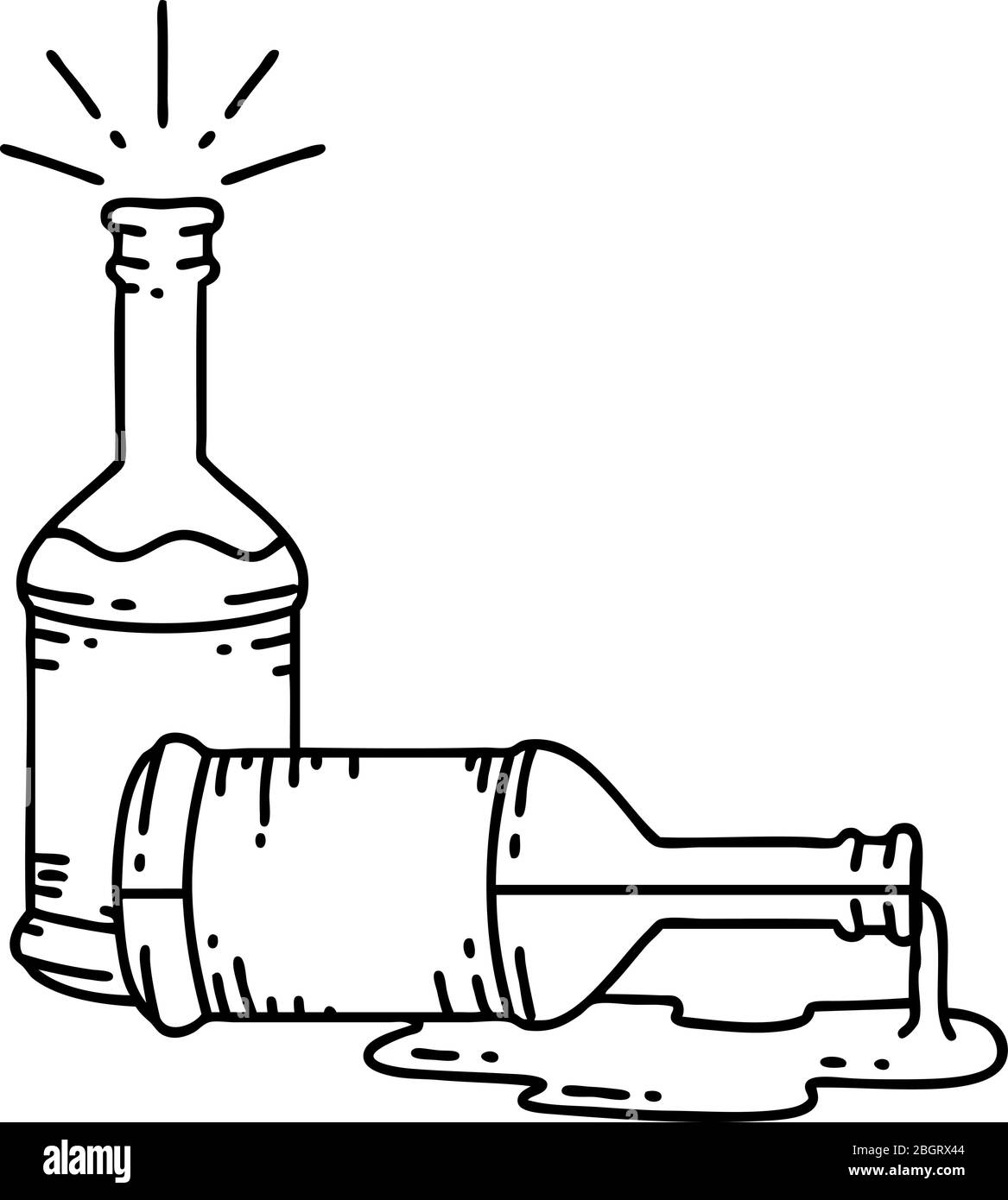 illustrazione di una tradizionale bottiglia di birra in stile tatuaggio con lavorazione a filo nero Illustrazione Vettoriale