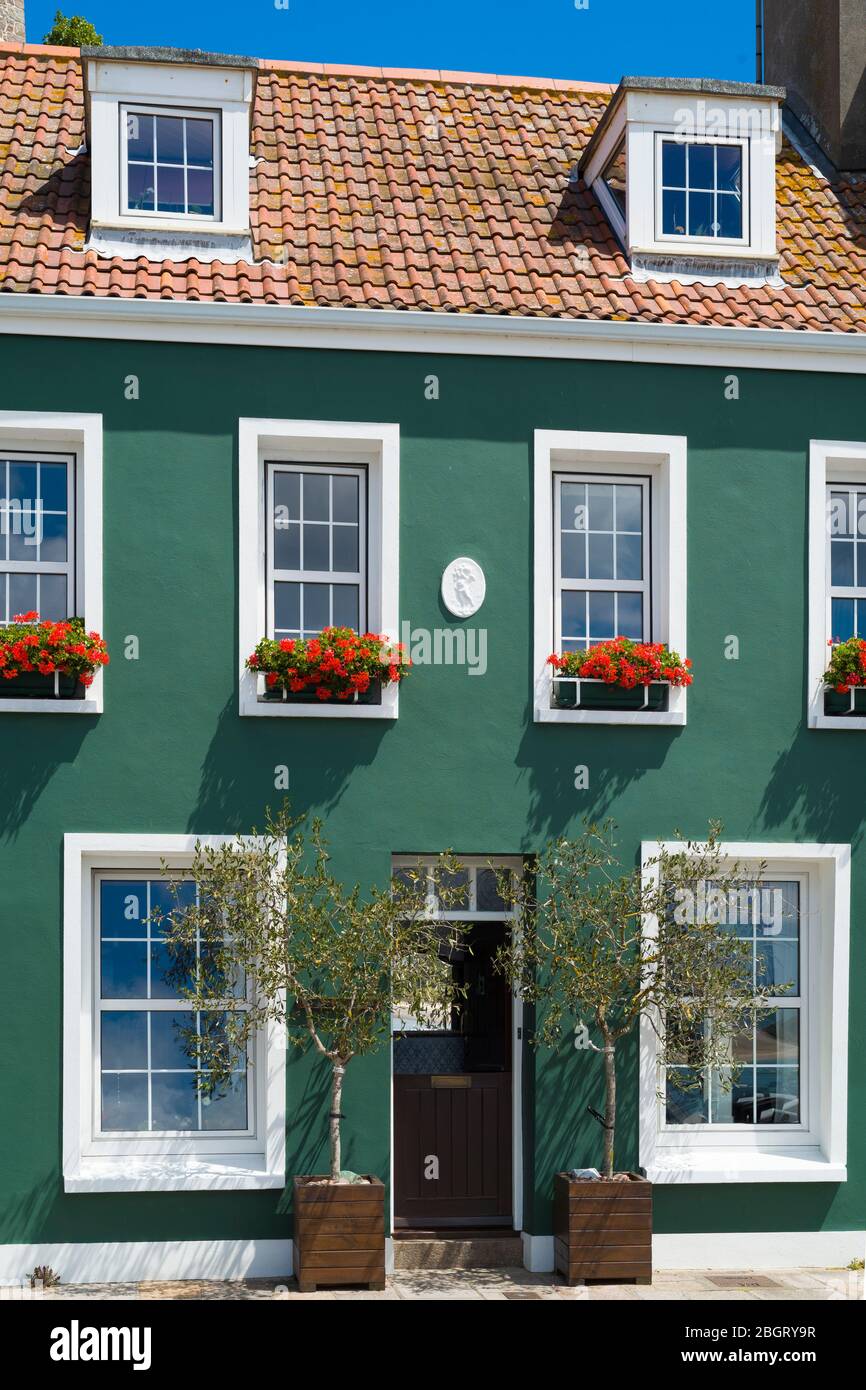 Elegante casa sul porto con un paio di alberi di ulivo e gerani in finestre sul lungomare di Gorey, Jersey, Channel Isles Foto Stock