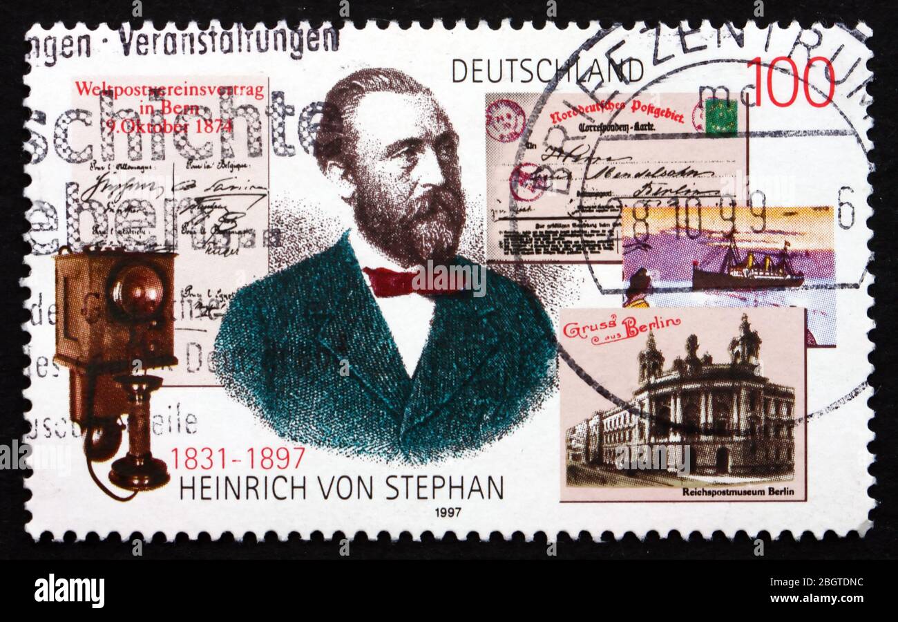 GERMANIA - CIRCA 1997: Un francobollo stampato in Germania mostra Heinrich von Stephan, Direttore Generale della posta per l'Impero Tedesco, circa 1997 Foto Stock
