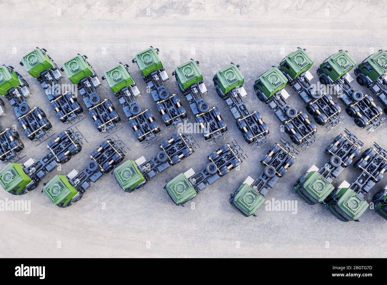 cabine verdi per camion dall'alto Foto Stock