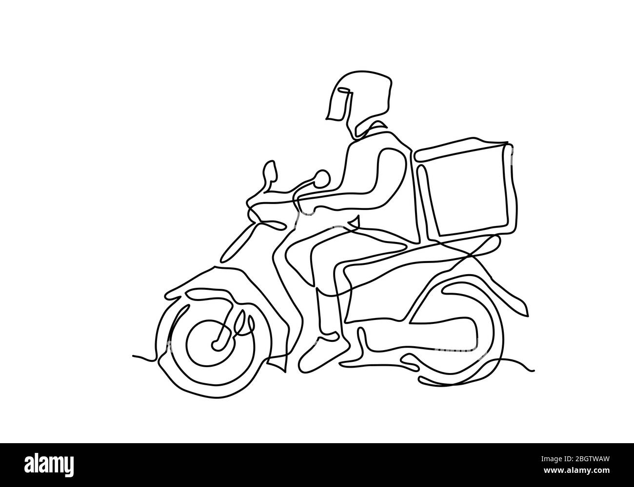 Una linea continua di illustrazione della moto di Man Ride di consegna. Foto Stock