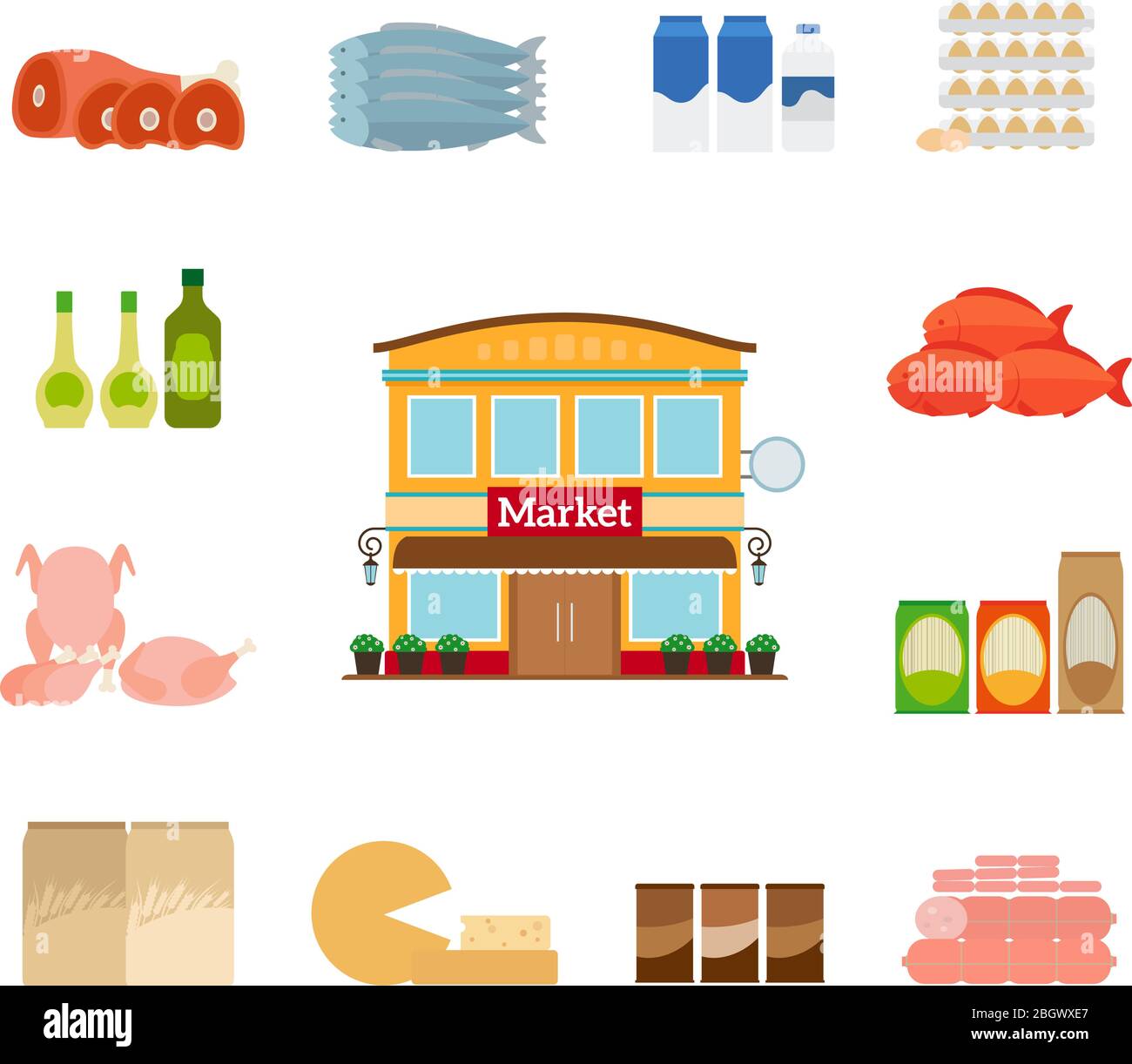 Icone della spesa. Formaggi e pesce, pollo e latte. Icona negozio di alimentari Illustrazione Vettoriale