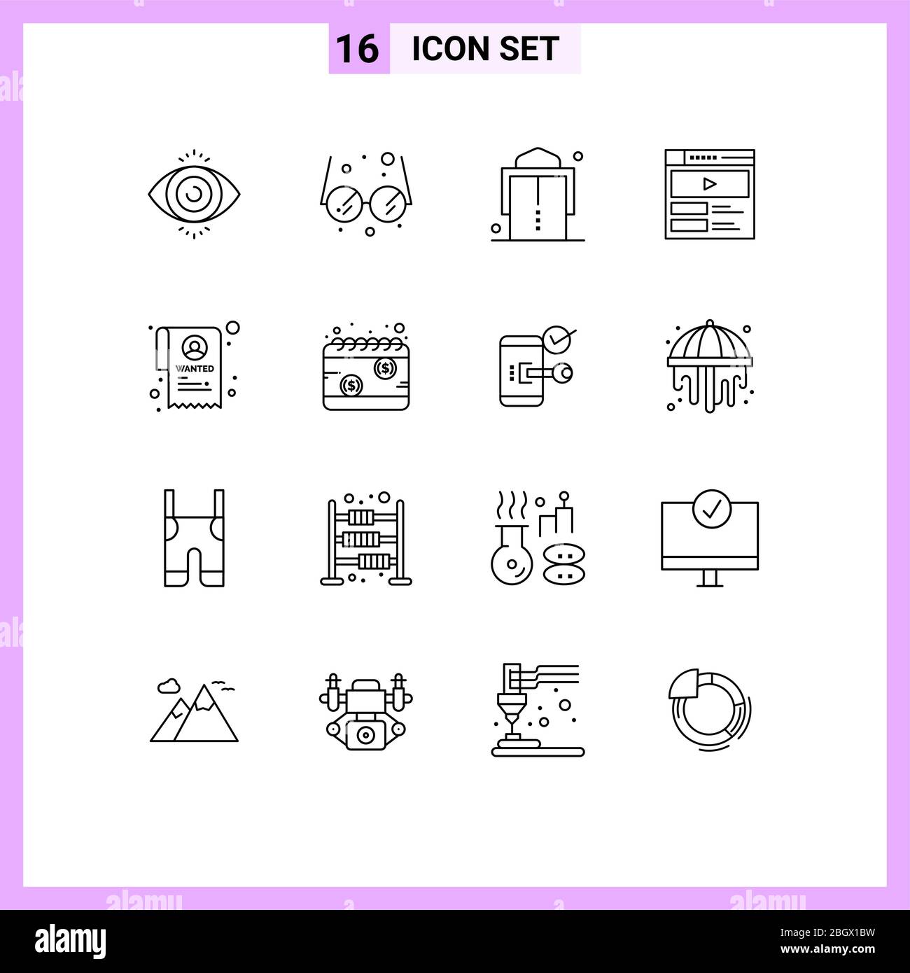 16 segni di contorno universali simboli di denaro, voluto, cintura, stato, sito web elementi di disegno vettoriale editabili Illustrazione Vettoriale