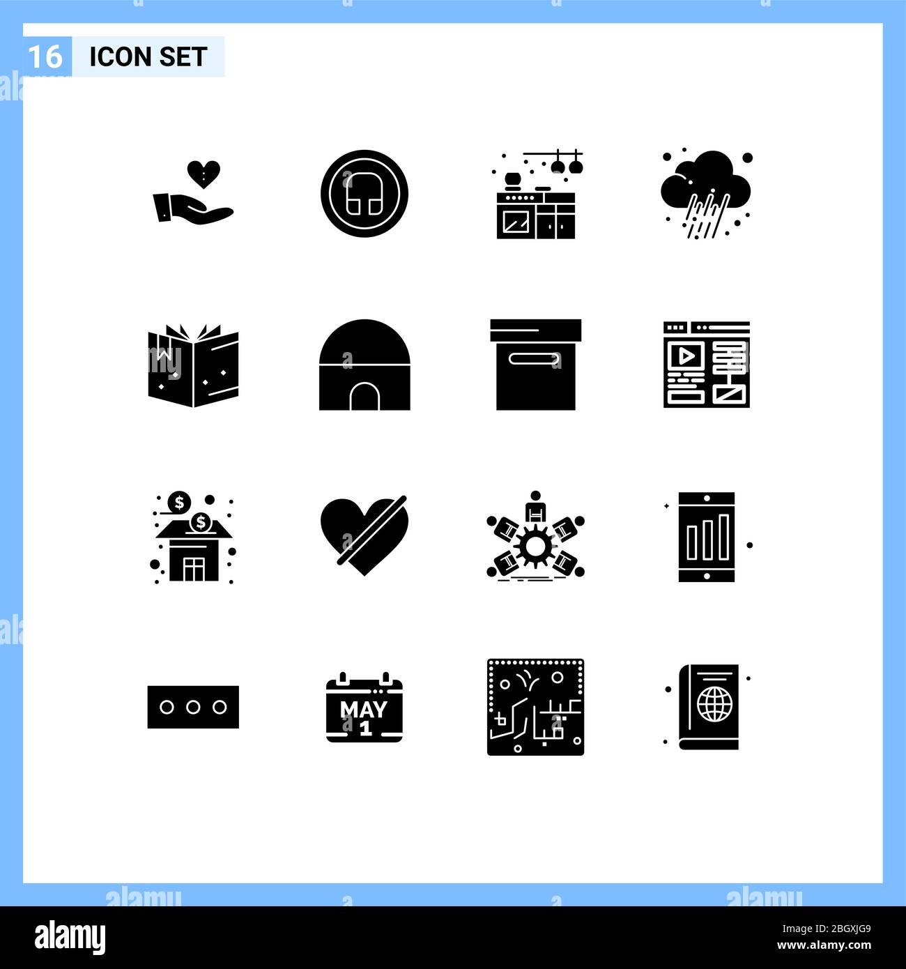 Set di 16 icone moderne dell'interfaccia utente simboli segni per istruzione, meteo, interfaccia utente, previsione, elementi editabili del vettore giornalista Design Illustrazione Vettoriale