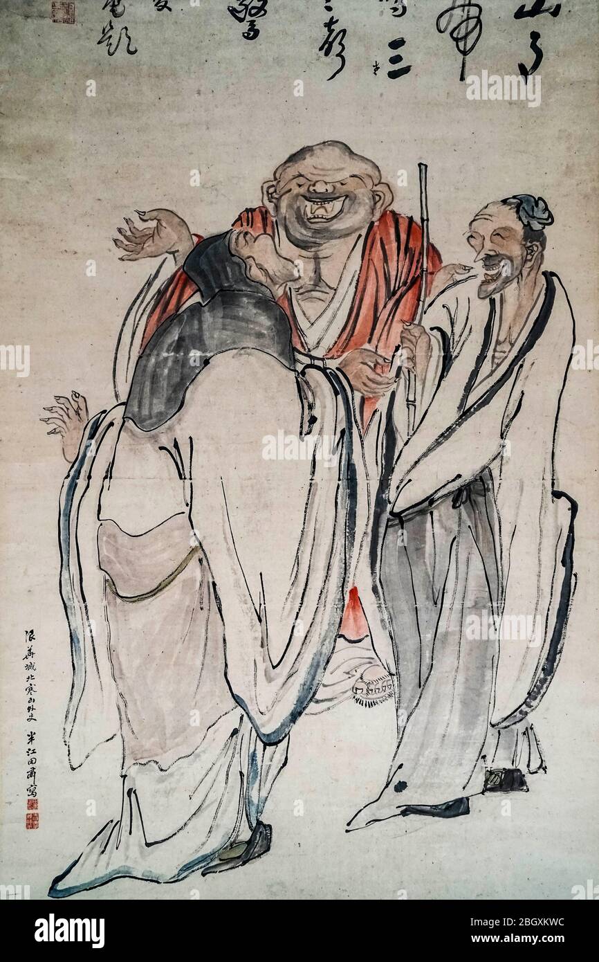 I tre Laughers a Tiger Brook, di Okada Hanko, inchiostro e colore chiaro su seta, periodo Edo, 19 ° secolo Foto Stock