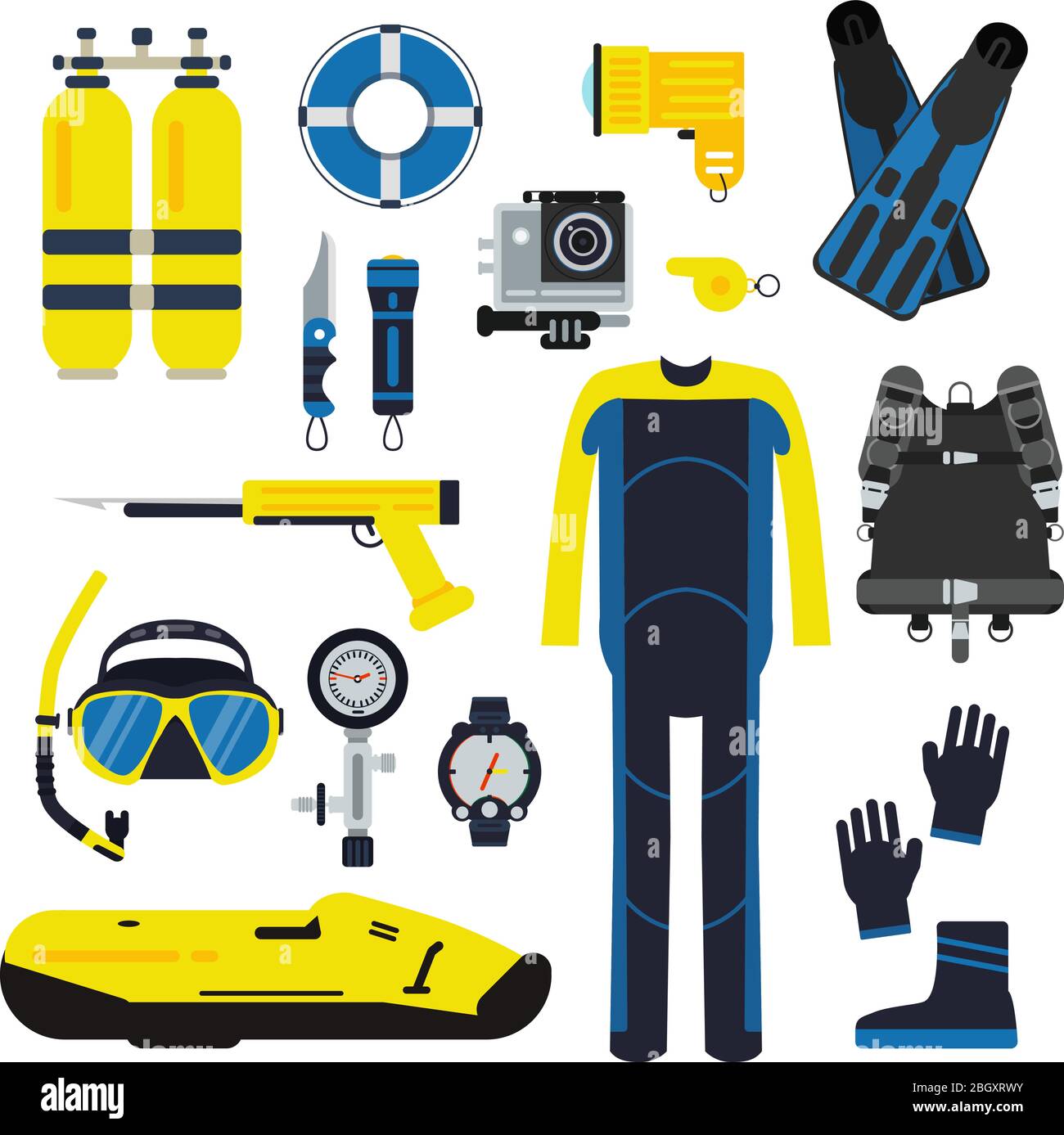 Elementi subacquei e set per sport subacquei. Illustrazioni di immersione in stile piatto. Attrezzatura subacquea scuba e maschera, snorkeling e tubo Illustrazione Vettoriale