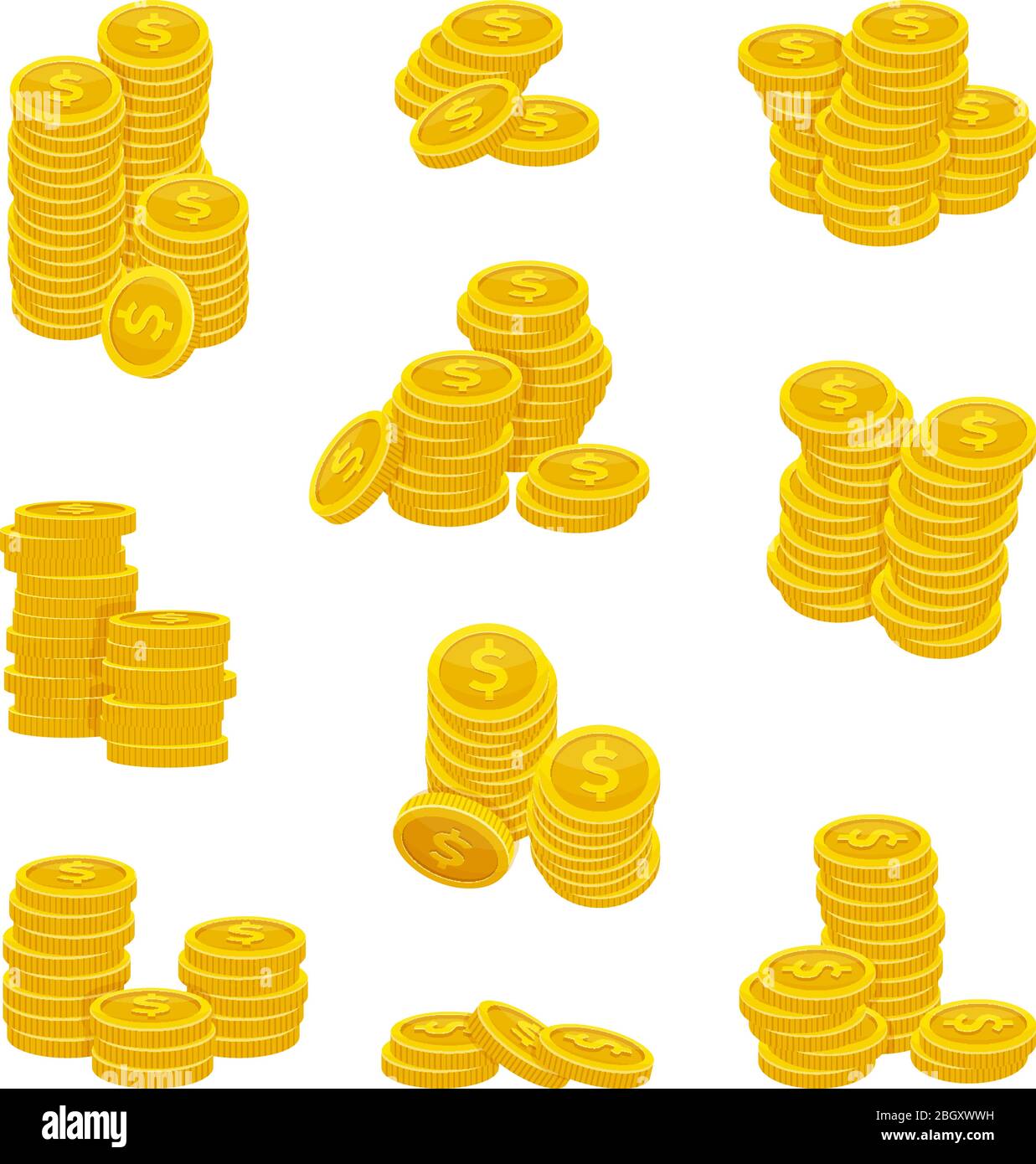 Pile diverse di monete d'oro. Illustrazioni vettoriali di oro. Moneta d'oro stack denaro, mucchio di monete d'investimento Illustrazione Vettoriale