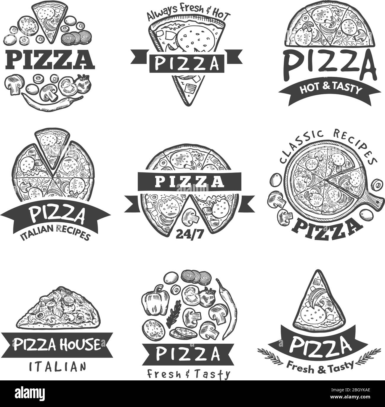 Diverse etichette per pizzeria. Cucina italiana classica. Etichetta pizza e emblema pizzeria italiana, illustrazione vettoriale Illustrazione Vettoriale