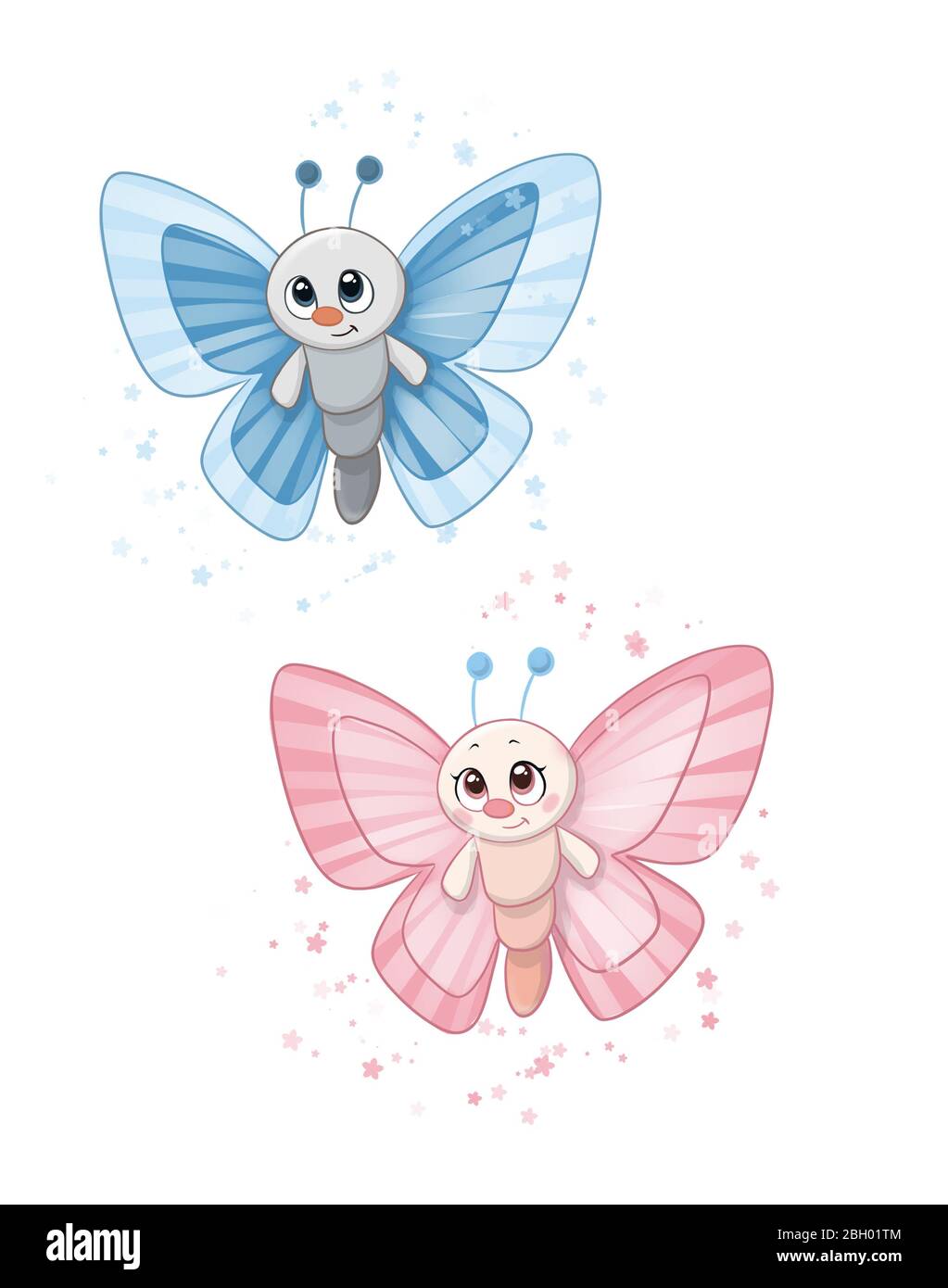 rosa e blu di belle farfalle isolato su bianco., illustrazione Foto Stock