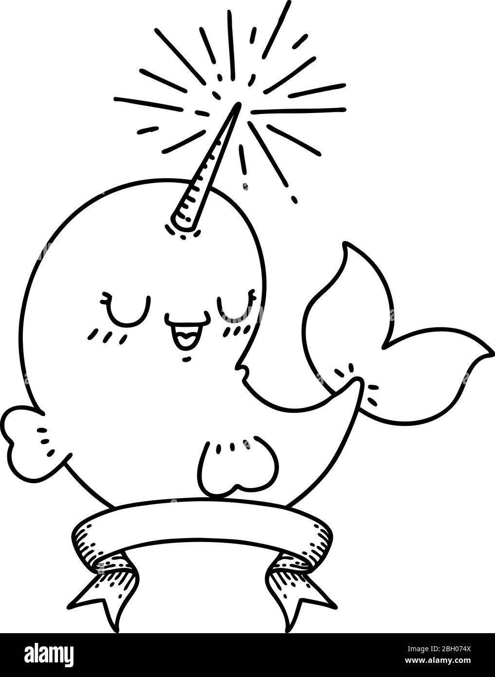 striscione a scorrimento con linea nera lavoro tatuaggio stile felice narrwhal Illustrazione Vettoriale