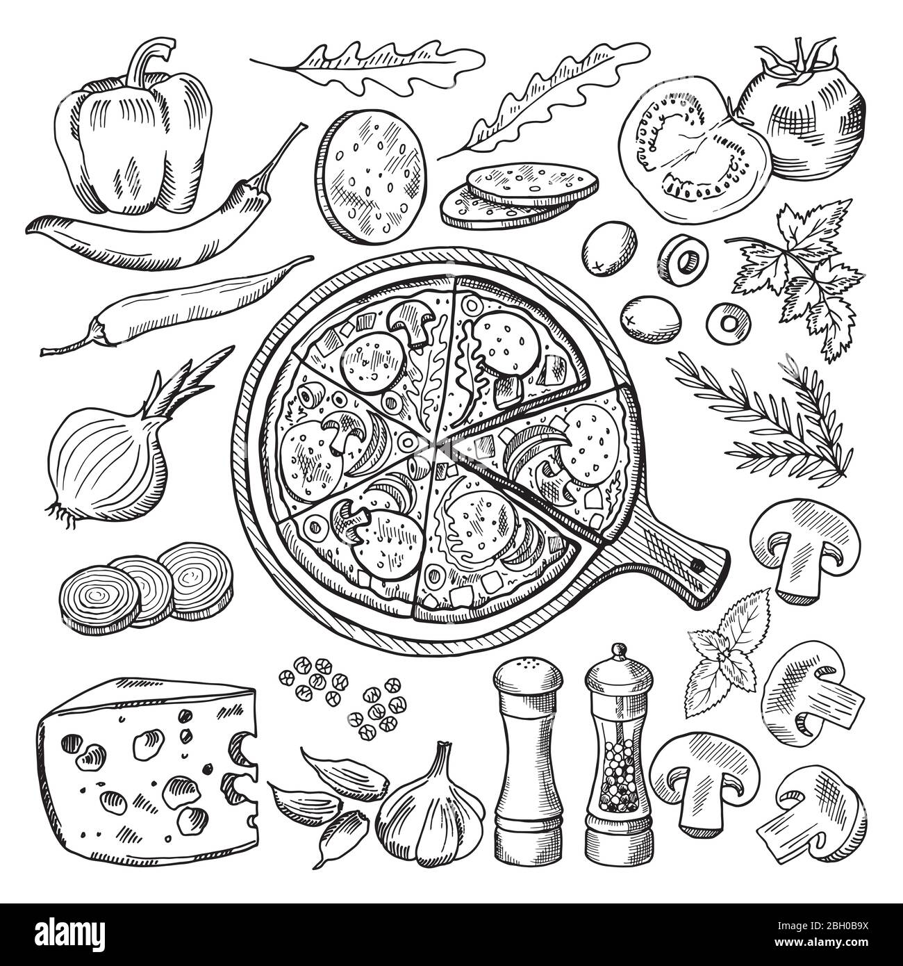 Illustrazioni della cucina classica italiana. Pizza e ingredienti diversi. Fast food Set pomodoro e mozzarella, olive e cipolla, salame e basilico fo Illustrazione Vettoriale