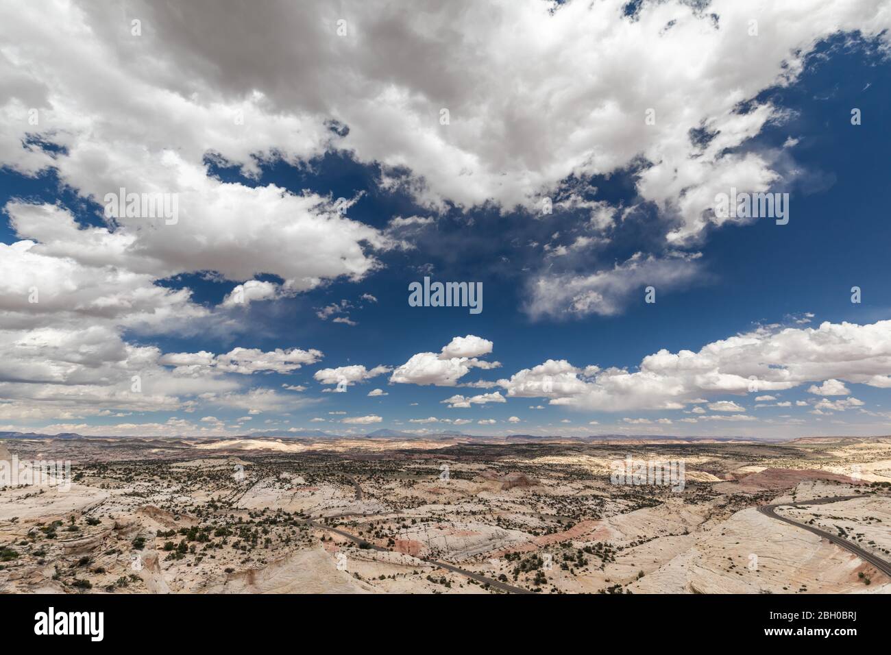 Una vasta distesa di deserto si estende fino all'orizzonte sottostante un cielo blu con nuvole soffici Foto Stock