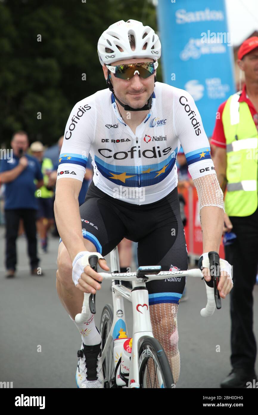 ADELAIDE, SOUTH AUSTRALIA - 26 GENNAIO 2020: Elia Viviani d'Italia e Cofidis Solutions Credits alla fase 6 dalla McLaren vale alla Willunga Hill della Foto Stock