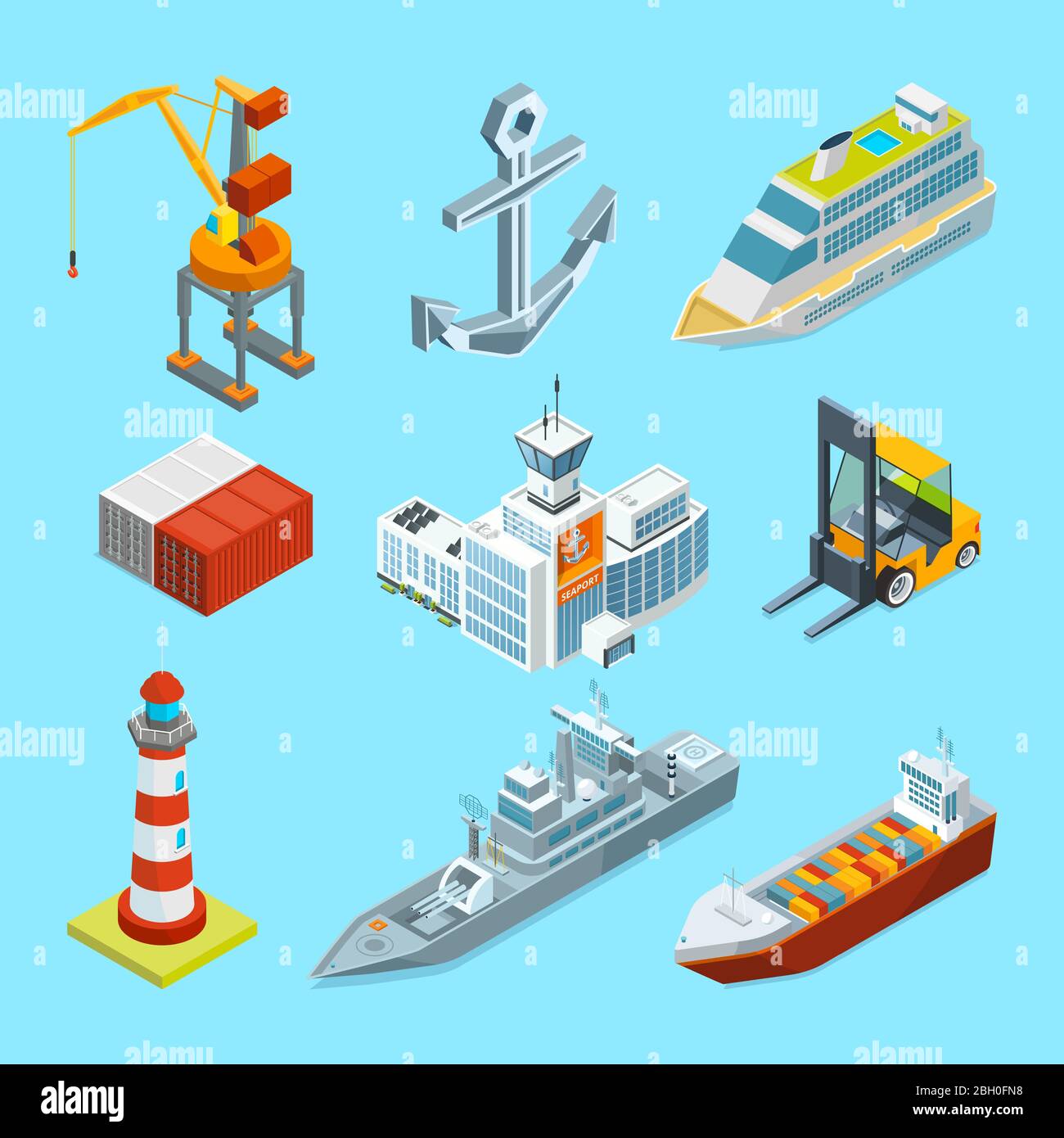 Navi, barche e terminal portuale. Container e gru per carico. Trasporto spedizione, container e porto marittimo, logistica e consegna. VEC Illustrazione Vettoriale