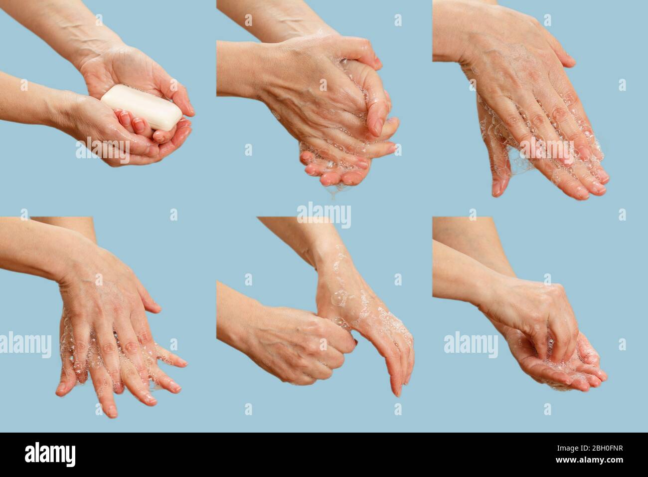 Collage di una donna lavando le mani con sapone su uno sfondo blu. La pulizia corretta delle mani protegge dalle infezioni. Concetto di igiene e pulizia. Foto Stock