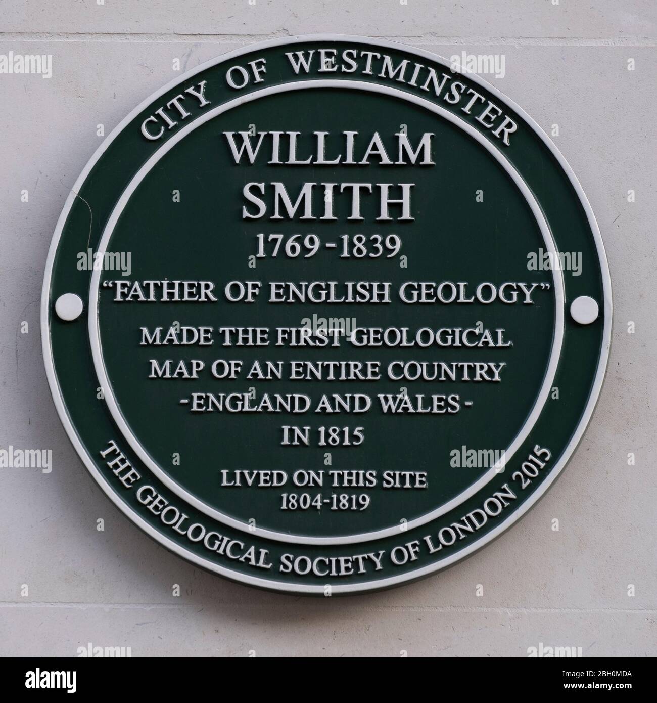 Targa blu per William Smith, il 'padre della geologia inglese', Buckingham Street, City of Westminster, Londra, Regno Unito Foto Stock
